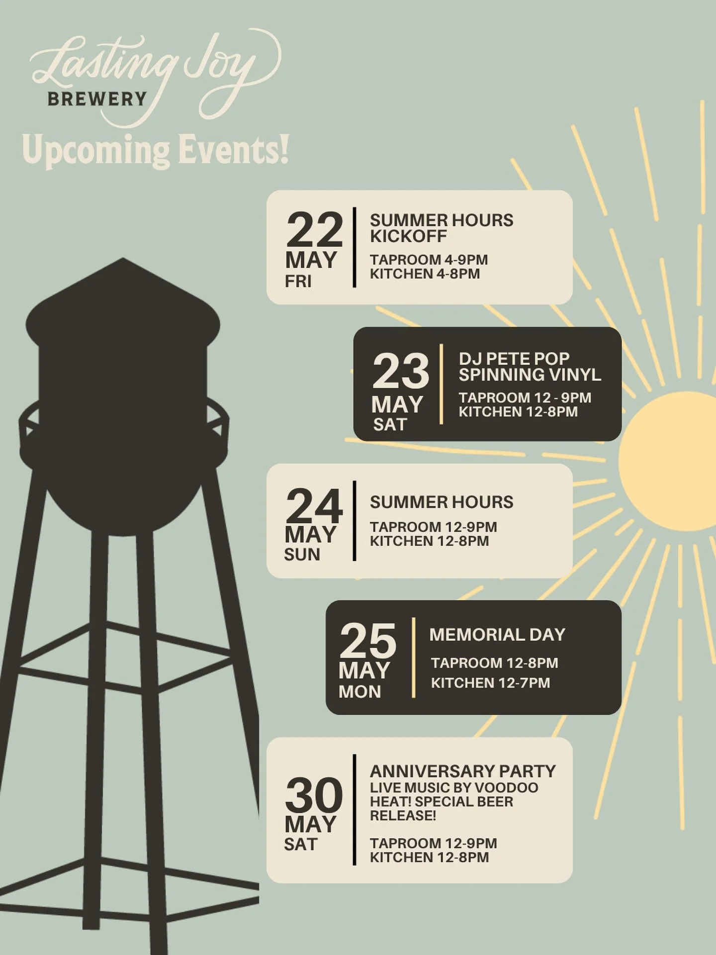 Holidays, anniversaries, extended hours - summer is just around the corner! 
FRIDAY MAY 22rd Extended Summer Hours Begin Taproom 4-9pm | Kitchen 4-8pm  SATURDAY MAY 23rd DJ Pete Pop Spinning Vinyl from 1pm Taproom 12-9pm | Kitchen 12-8pm  SUNDAY MAY 