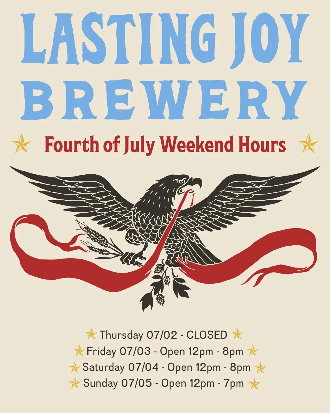 We'll be closed on Thursday, July 2nd. We'll be back and open all weekend, ready to celebrate America's 250th anniversary with great drinks, great food, great company, and plenty of festive cheer!

We can't wait to celebrate with you. See you this we