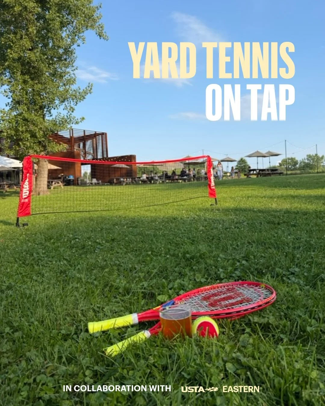 @USTA_Eastern is promoting tennis, with their support with we have now a lawn tennis setup available.
Beginners to pro, bring your game and have fun with us. 
Ask our team for the racquets and a cold beverage.