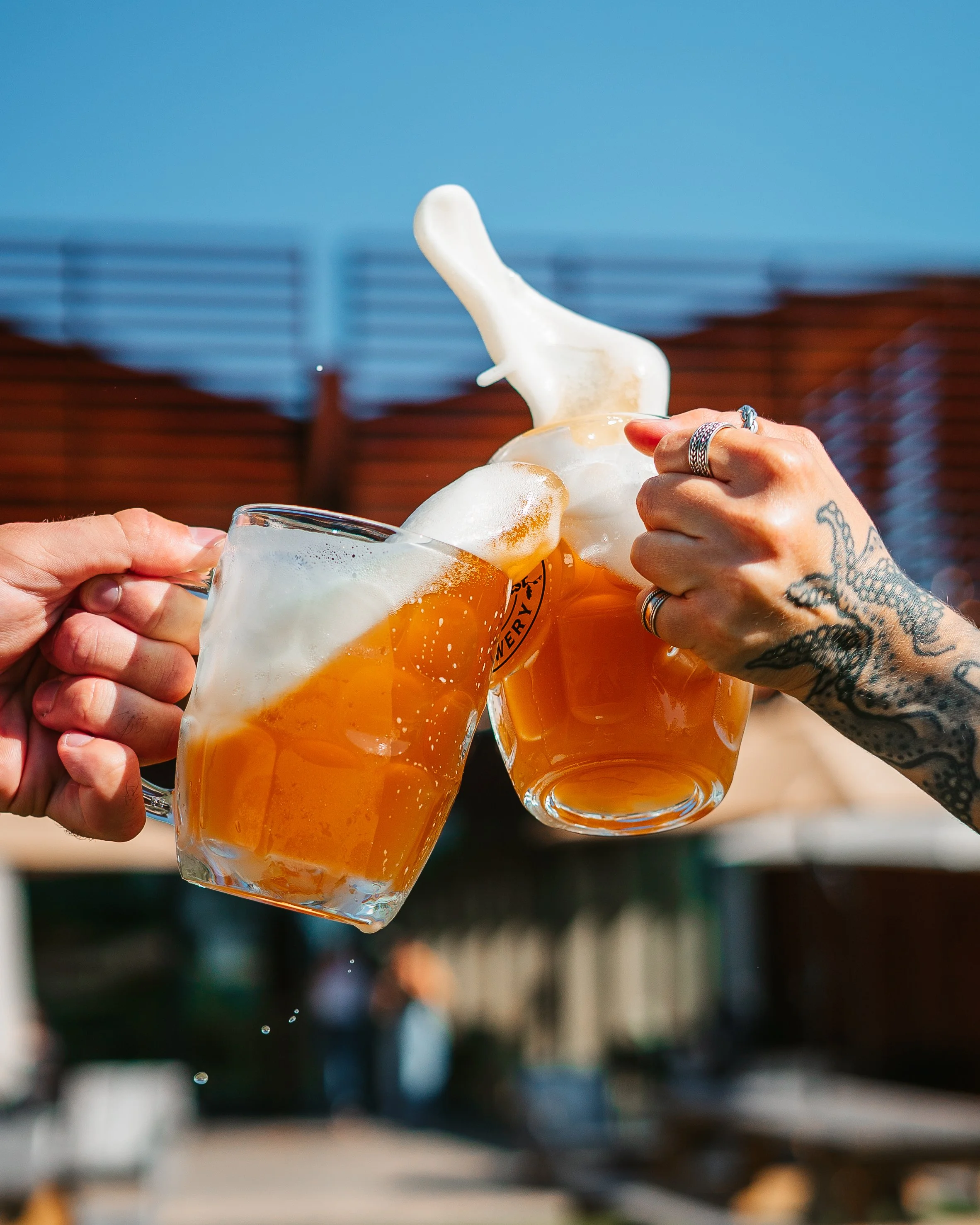 Two hands holding glasses of beer with foam, clinking together outdoors, with a clear blue sky and a wooden fence in the background.