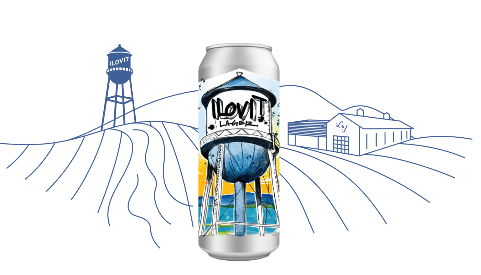 Can featuring Ilovit Lager with a background illustration of a water tower, distillery tank, and brewery buildings, stylized with blue lines and artistic effects.