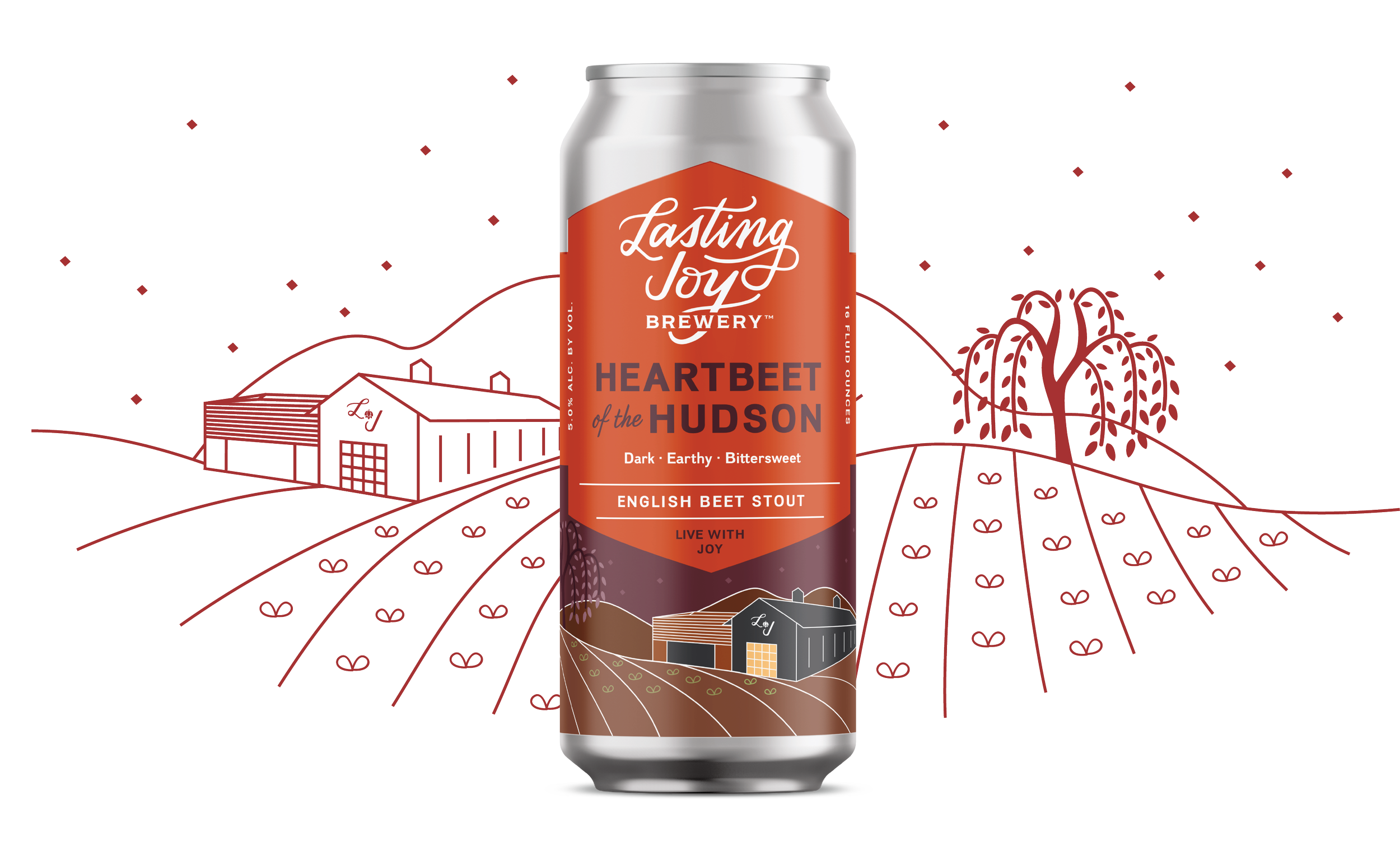 A can of Lasting Joy Brewery Heartbeat of the Hudson English Beet Stout with a drawing of a farm and rolling hills in the background.