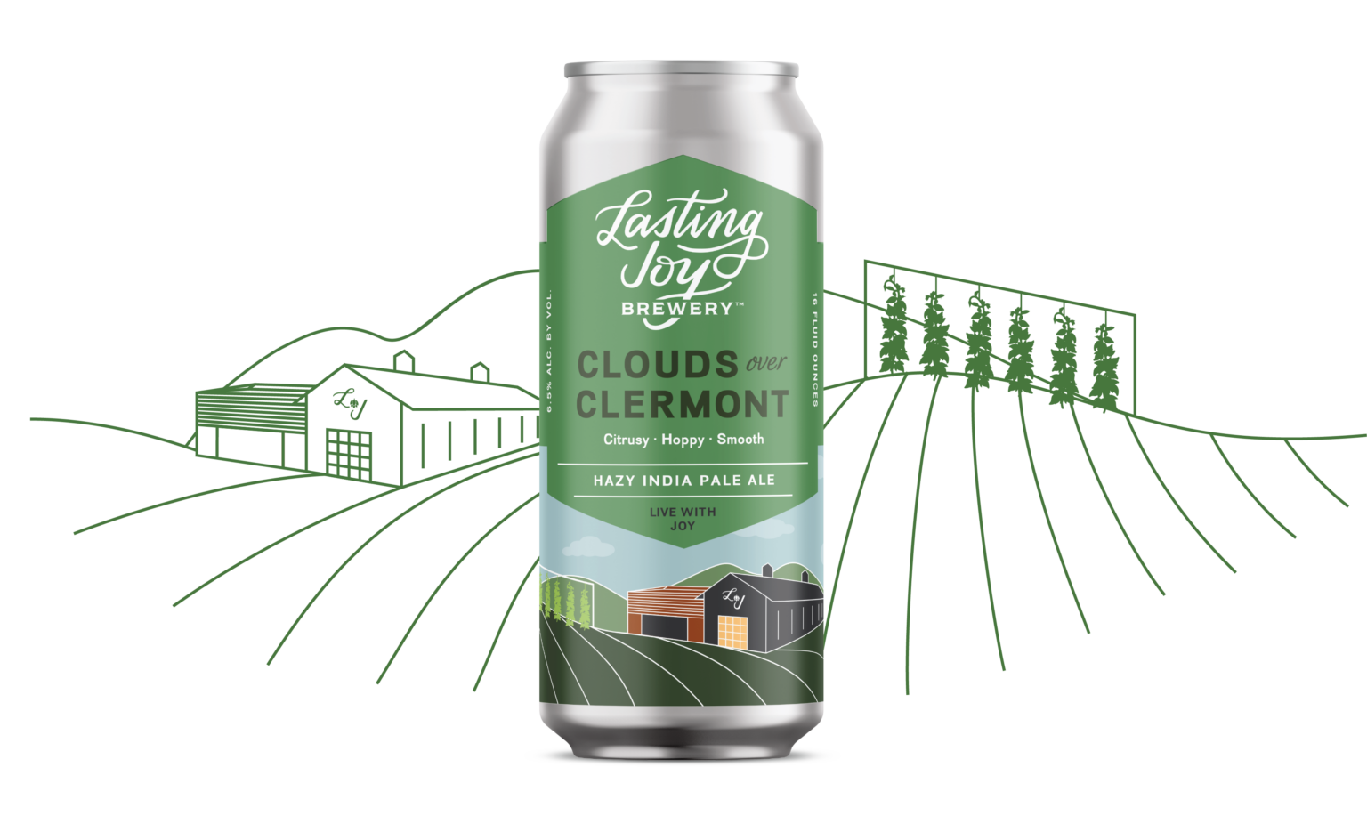 A can of Lasting Joy brewery's Clouds over Clermont hazy India Pale Ale with a green label and illustrated farm scene, featuring a barn and fields.