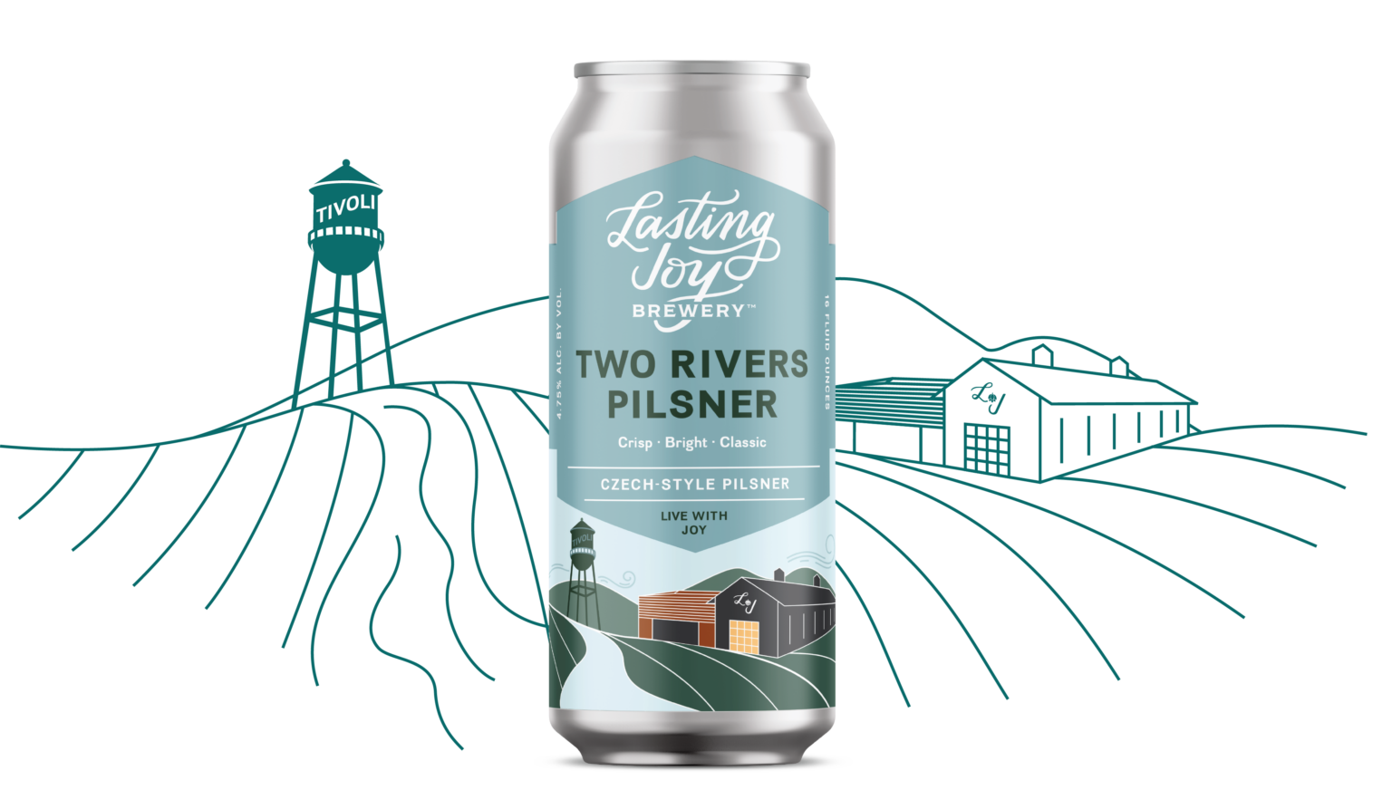 A can of Lasting Joy Brewery Two Rivers Pilsner beer with a stylized illustration of a rural landscape, including a water tower, farm buildings, and a winding road.