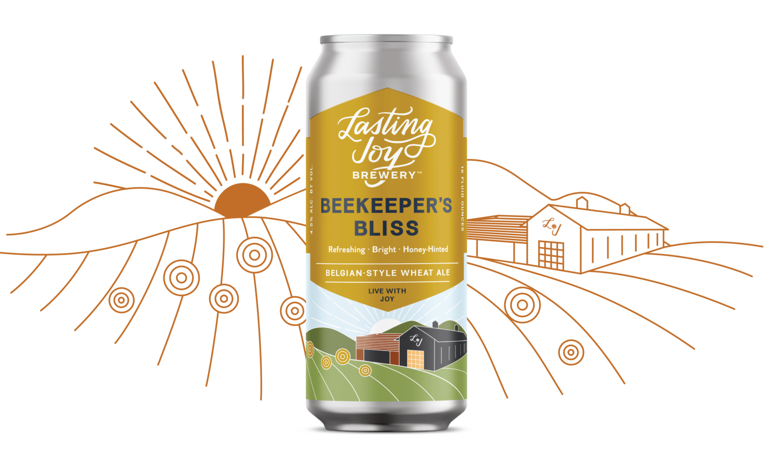 A can of Lasting Joy Brewery Beekeeper's Bliss Belgian-style wheat ale with gold, black, and green label featuring a barn and farm landscape, positioned in front of a colorful background.