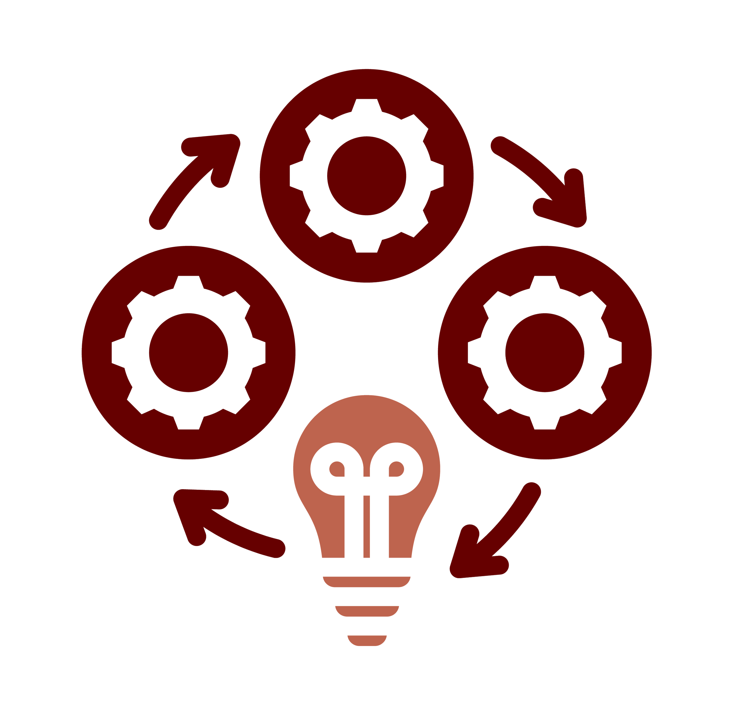 Graphic showing interconnected gears and arrows, symbolizing teamwork or process flow.