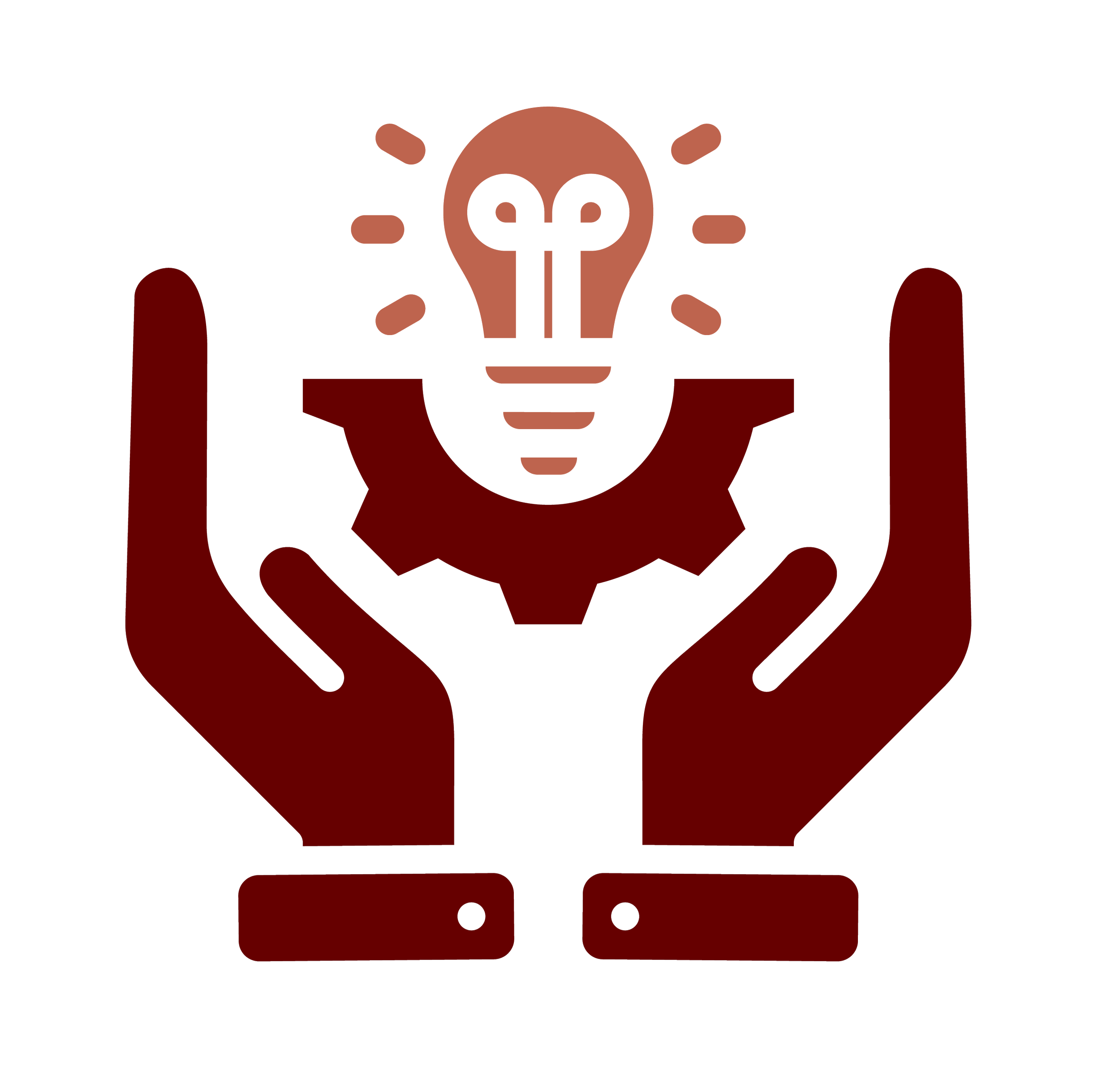 A stylized illustration of a person with their head replacing a light bulb, surrounded by rays, with their hands under their chin, in a minimalist red and black design.
