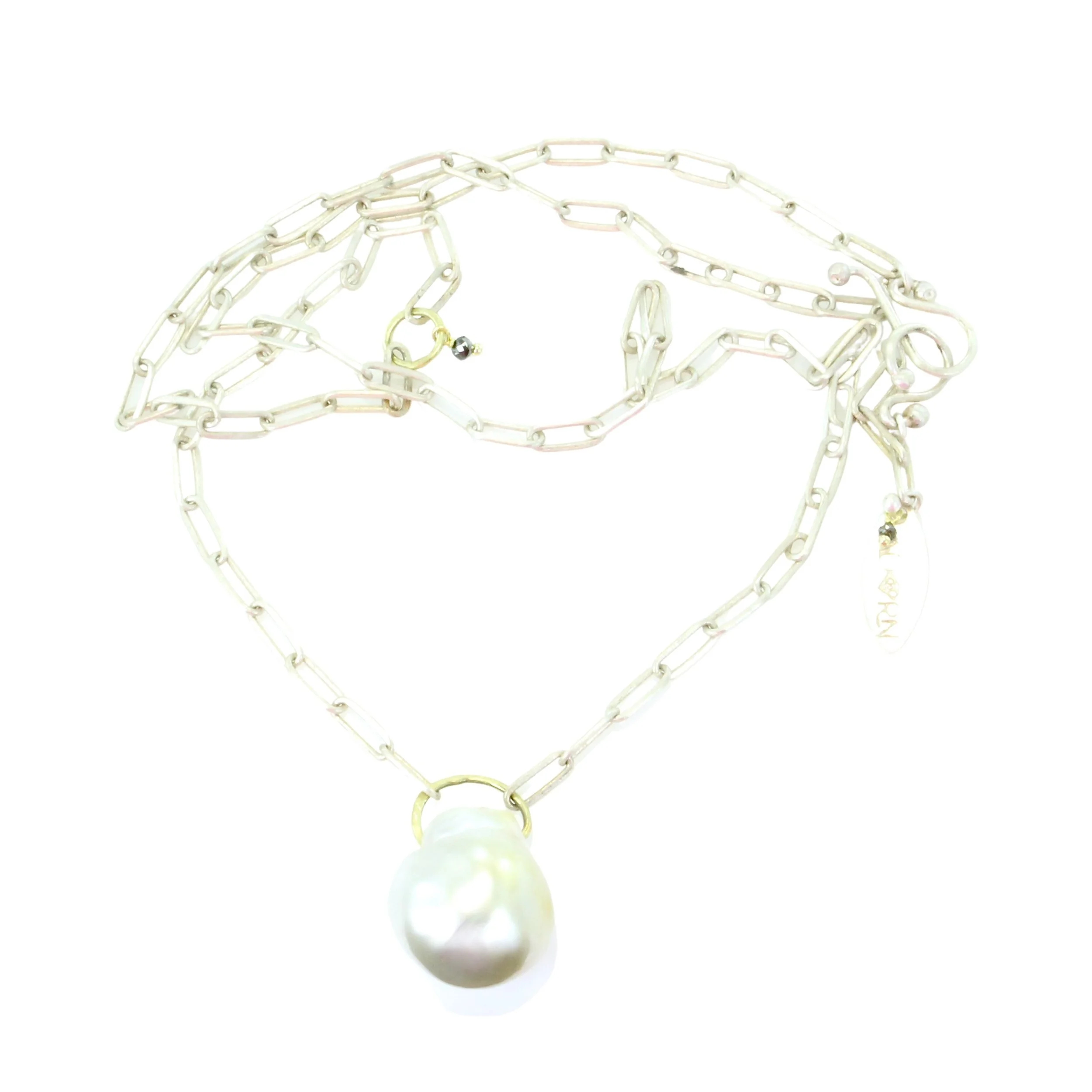 Keshi Pearl Pendant with 18k gold and Sterling Silver Paperclip Chain