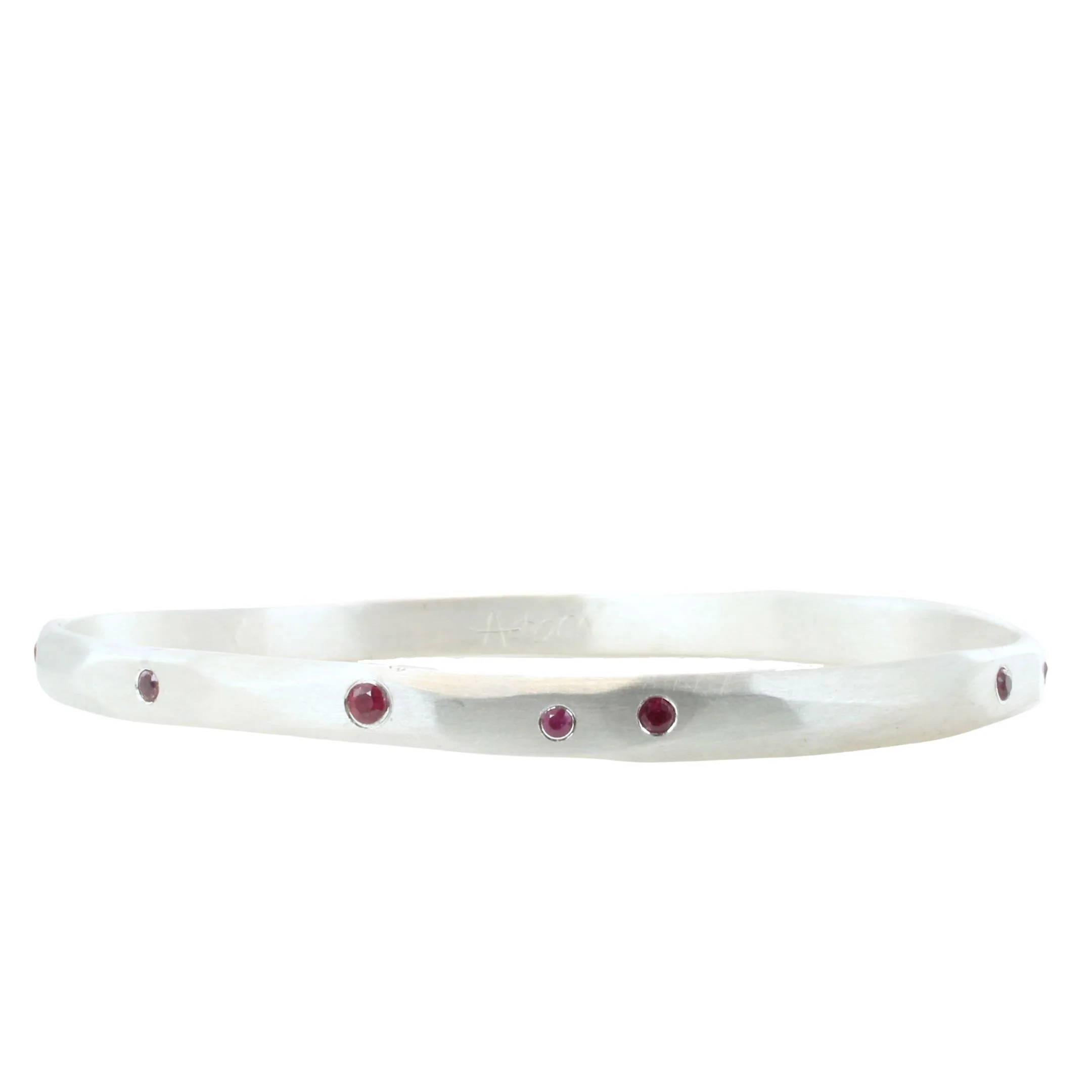 Carved and Cast Steering Silver Bangle Bracelet with Flush-Set Rubies