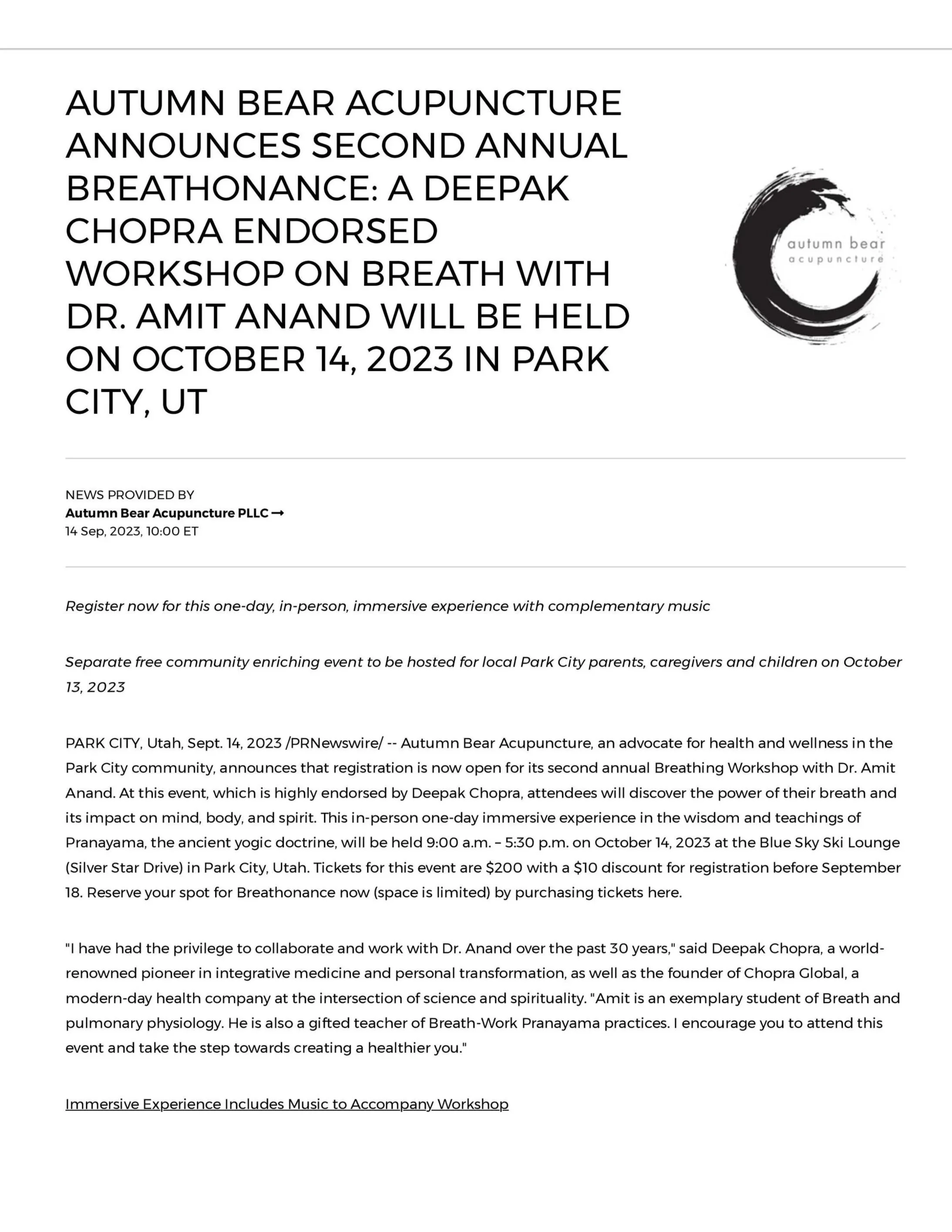  Autumn Bear Acupuncture Announces Second Annual Breathonance   September 2023  