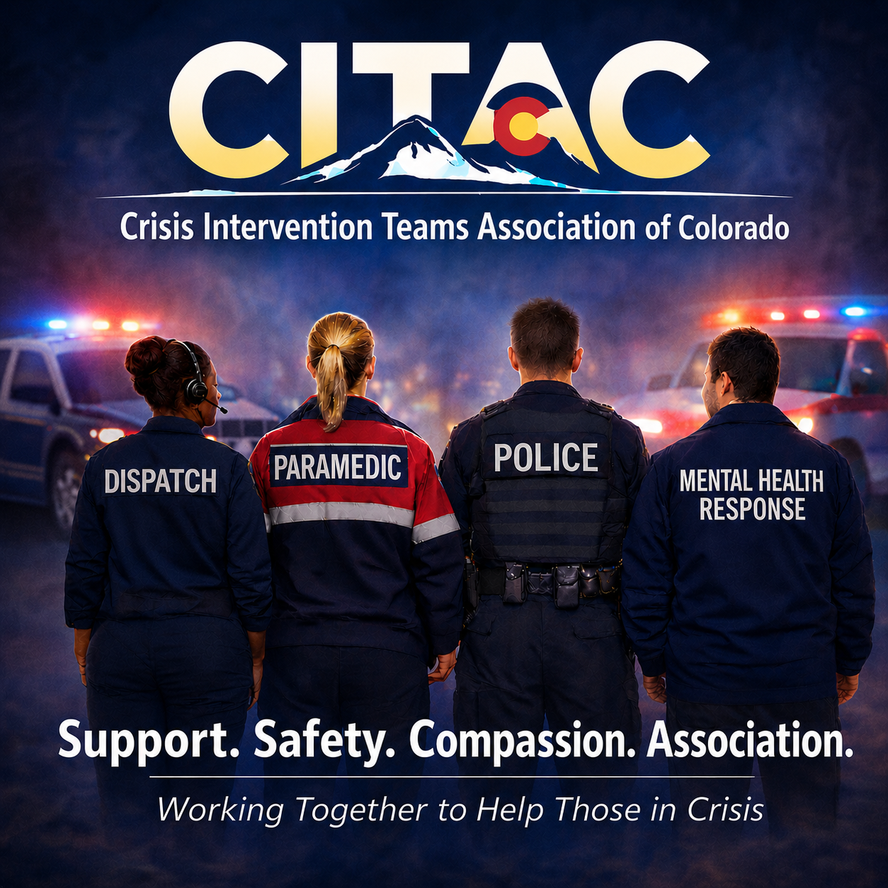 Group of emergency responders, including dispatch, paramedic, police, and mental health response, standing with backs to the camera, with police cars and emergency lights in the background, and a mountain logo with Colorado map symbol in the top center.
