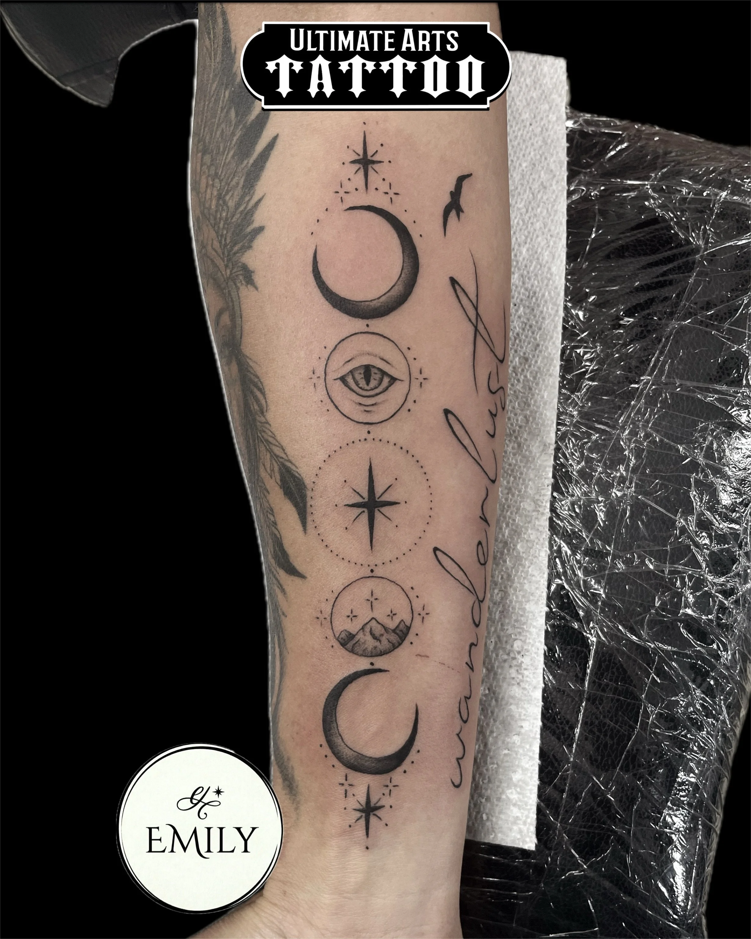  Madison, WI tattoo artist Emily    black and gray fine line tattoos, detailed celestial inspired artwork at Ultimate Arts Tattoo. 