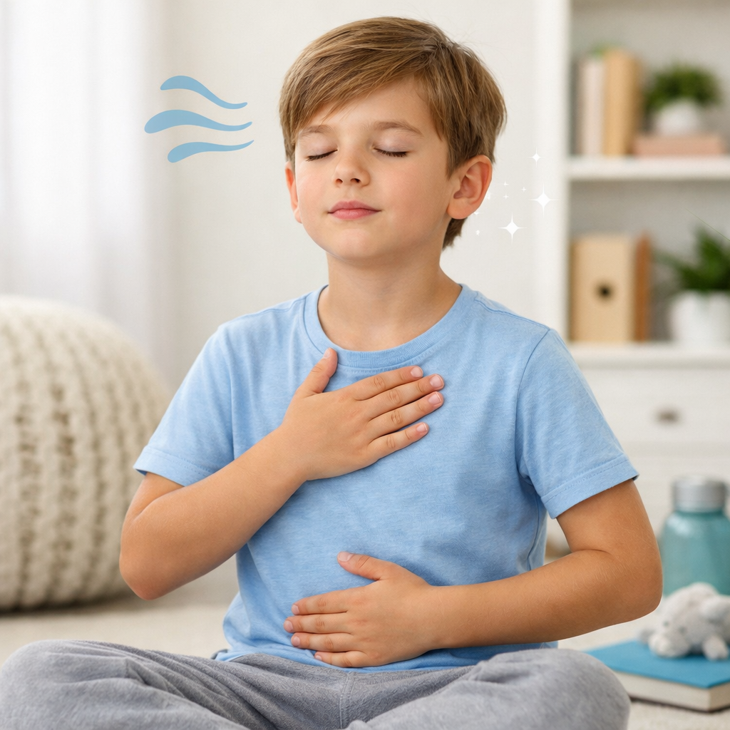 A young boy is practicing deep breathing.