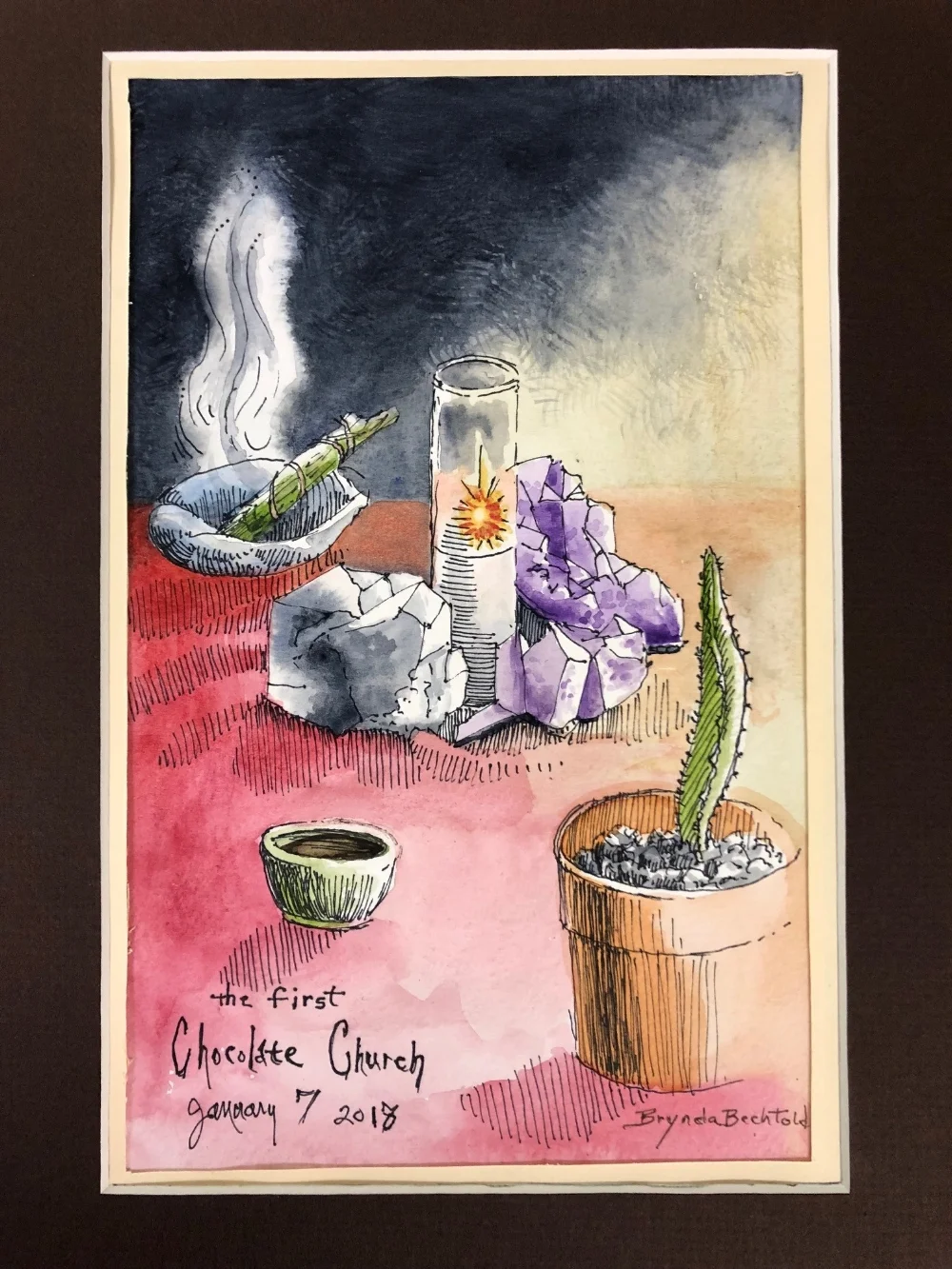 Gorgeous painting gifted to us by dear friend and fellow chocolatier, Brynda Bechtold. She sketched this drawing of of our alter during the very first Chocolate Church gathering!