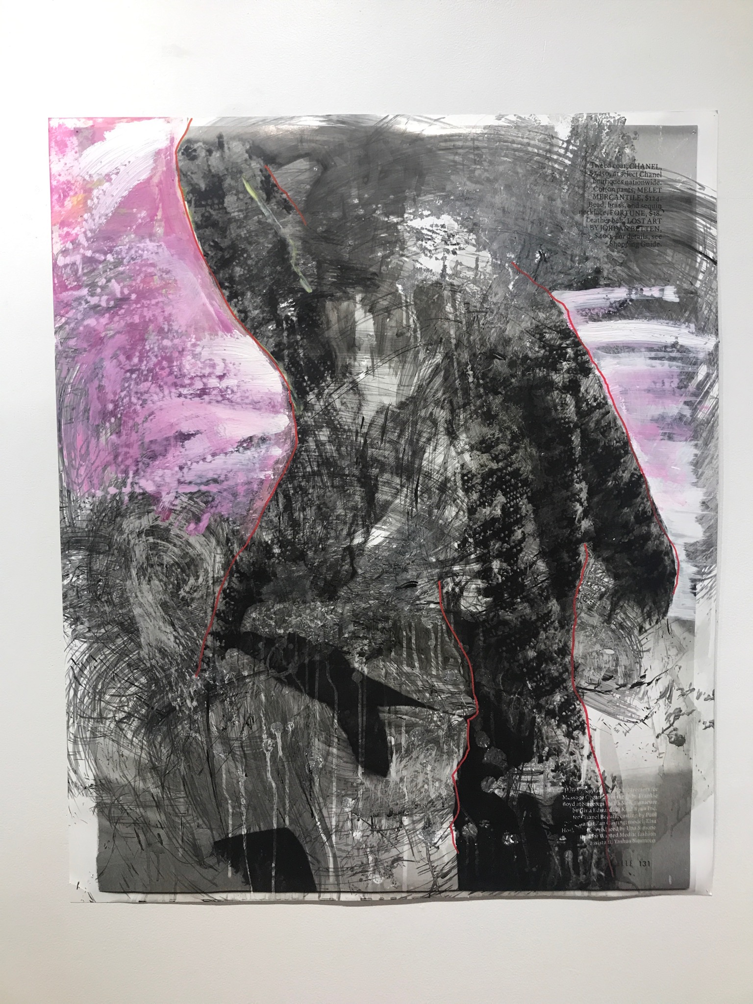   Elle 131   2018  43 x 36 in.  Citra solv on magazine, windex, bleach, acrylic, liquid acrylic, and marker on photo paper 