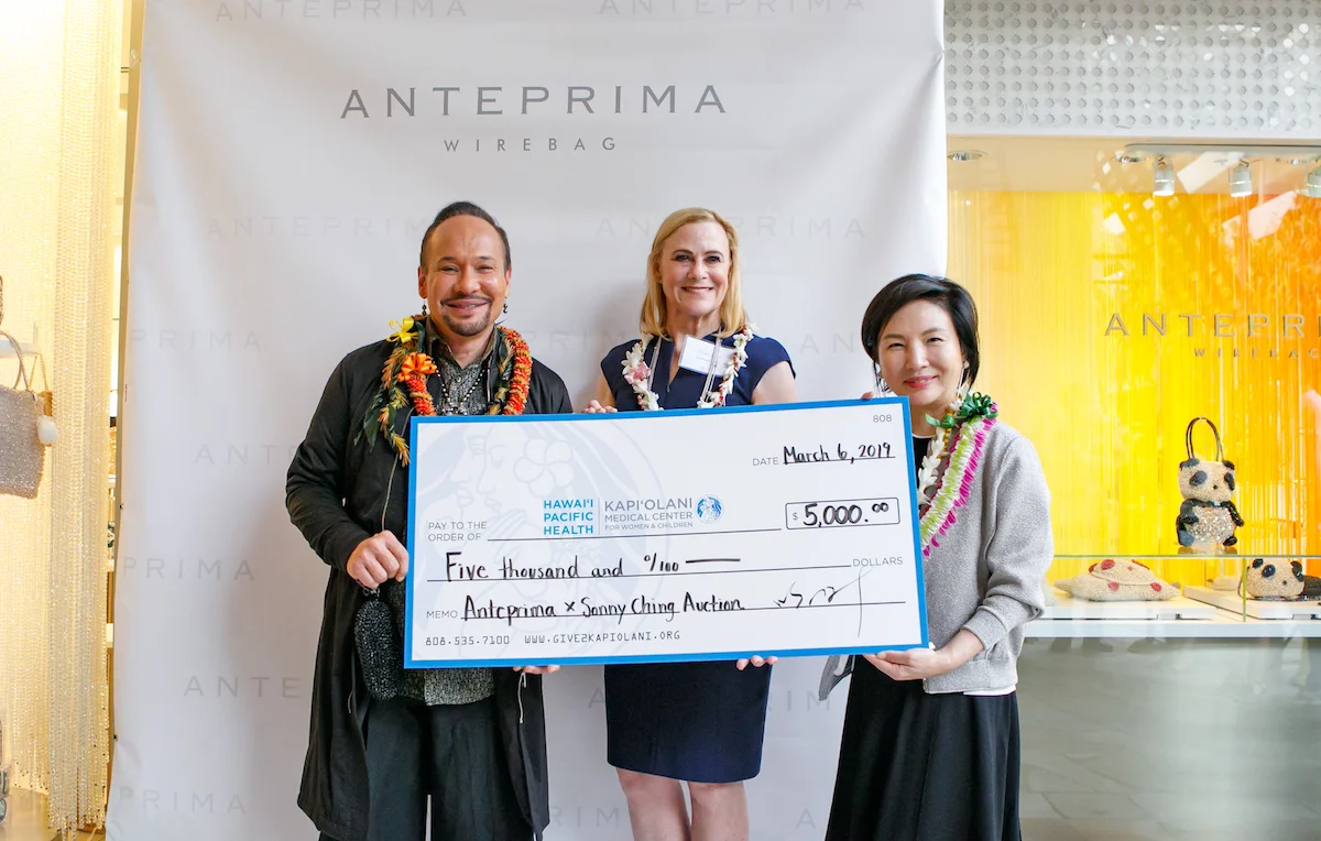 (From left) Kumu Hula/Designer Sonny Ching, Kapiolani Medical Center CEO Martha Smith and ANTEPRIMA Creative Designer Izumi Ogino