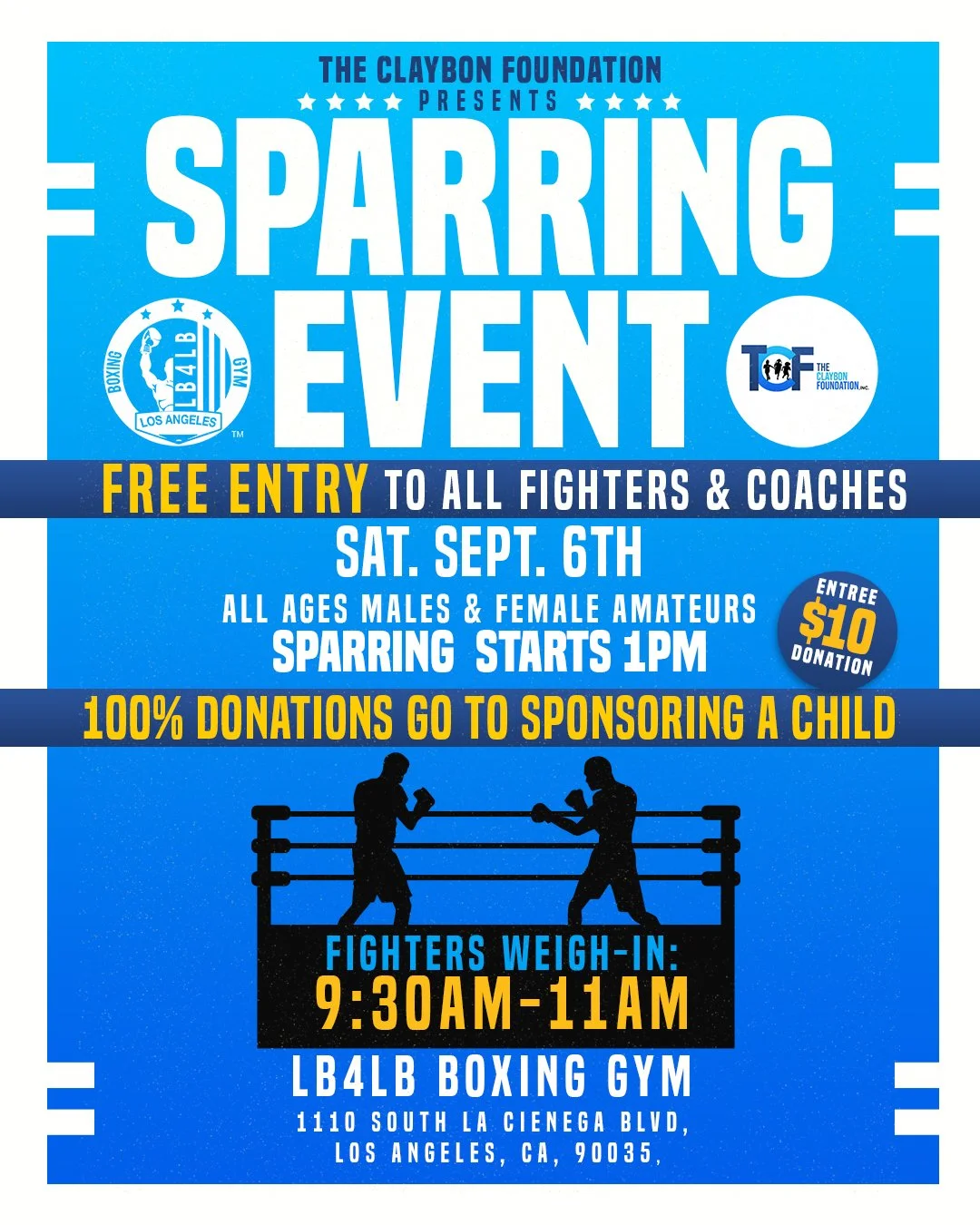 We invite all LA Gyms &amp; Fighters to come to our NONPROFIT SPARRING EVENT.

@boxingfitnessfactory @echo_park_boxing @riseathleticsla @mayweatherfitla @cityofangelsbox @latgboxing @teamboxu @boxunionstudio @pandaboxingofficial @southlaboxingclub @t
