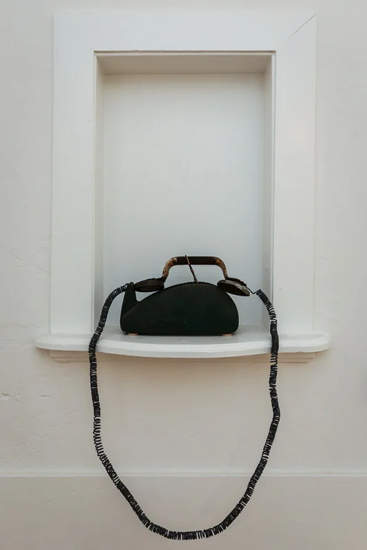 "Telephone" made from found tape dispenser, door handle and wire