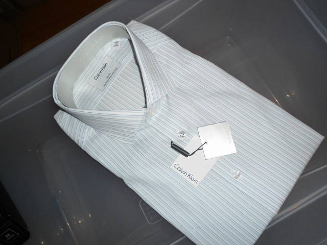 CALVIN "BLUE SLIM FIT STRIPED DRESS SHIRT X-LARGE 17 34/35 Retail $75 on Sale $21.99 Fashion Overstock