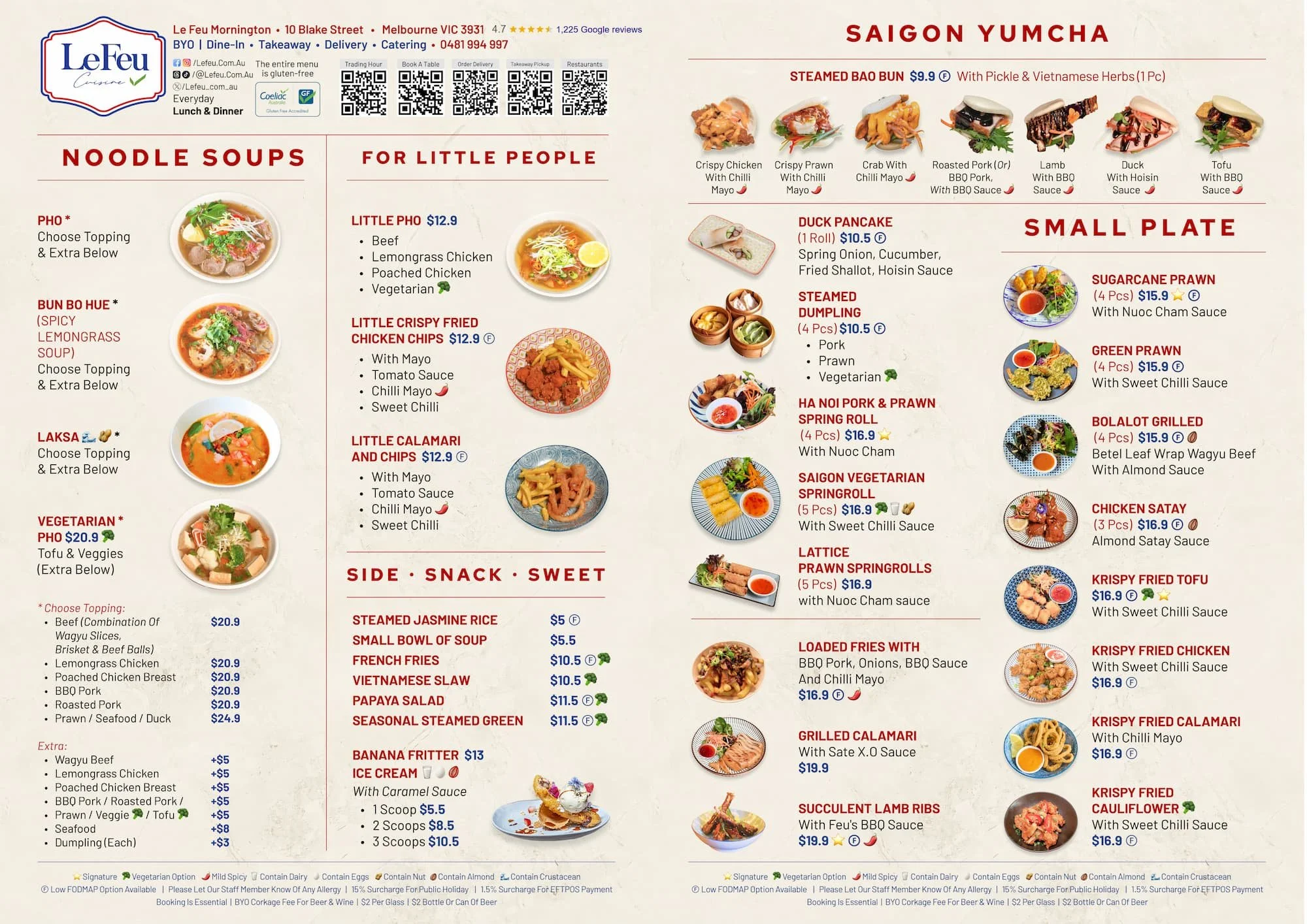 Menu of Le Feu Mornington (100% Gluten-free) at 📍  10 Blake St, Mornington, Melbourne VIC 3931 ☎️ 0481 994 997