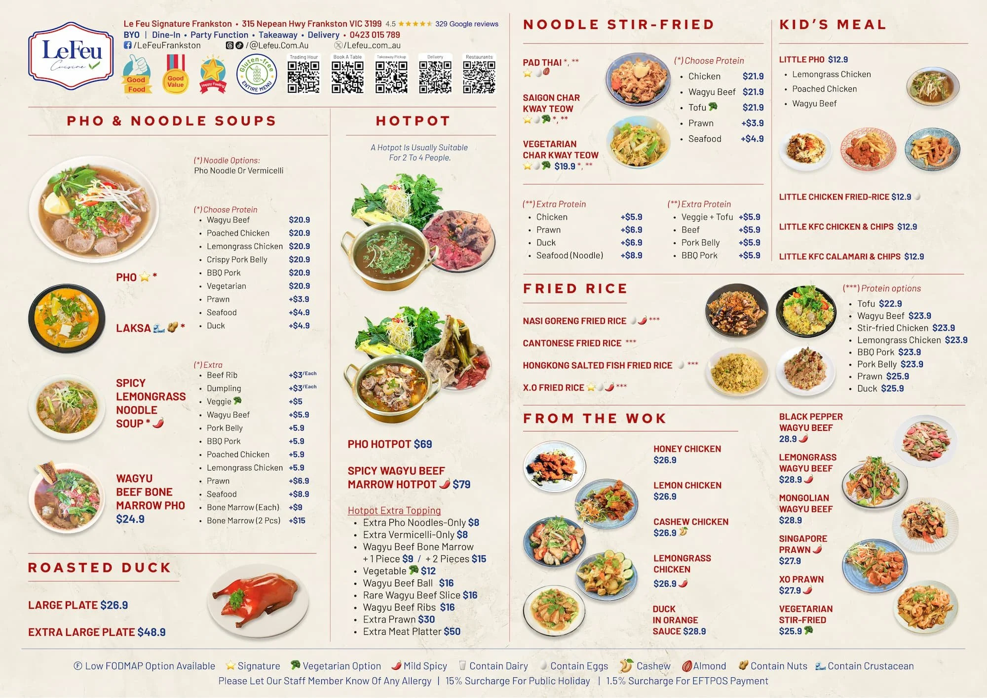 Menu with prices of LE FEU FRANKSTON Restaurant | 100% Gluten-free | Vietnamese, Pan-Asian Cuisine &amp; Hotpot at📍315 Nepean Hwy, Frankston, Melbourne VIC 3199, Australia ☎️ 0423 015 789