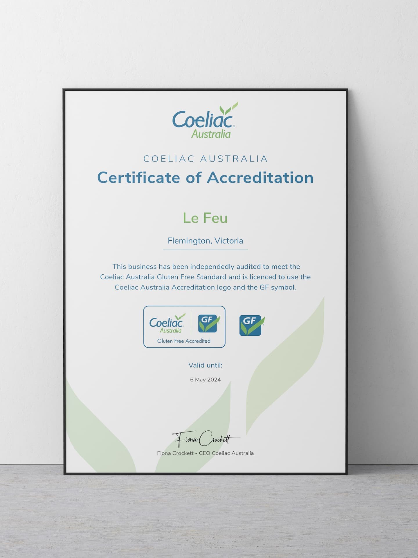 gluten free coeliac australia certificate for Le Feu Flemington.jpg