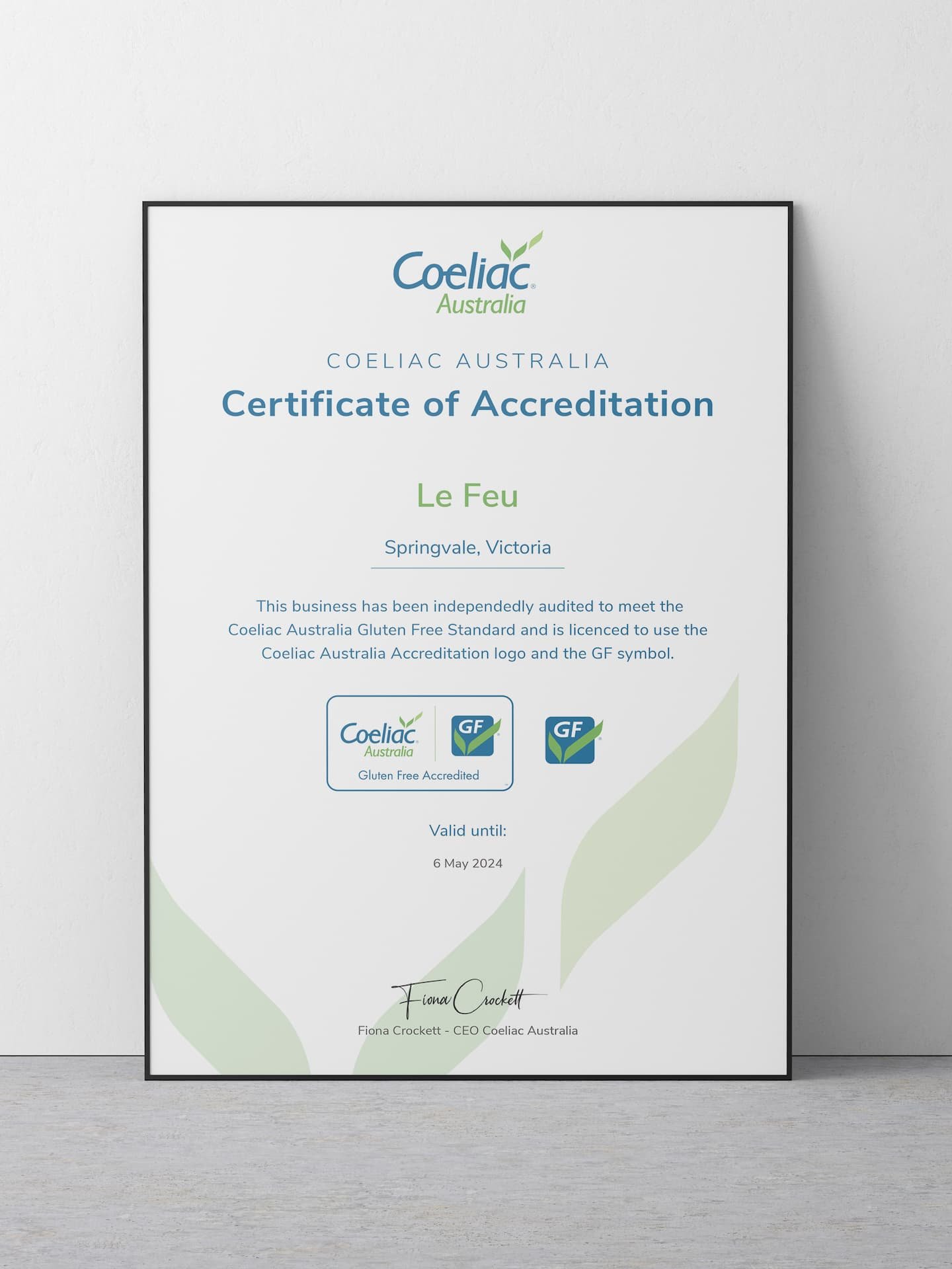 gluten free coeliac australia certificate for Le Feu Springvale.jpg
