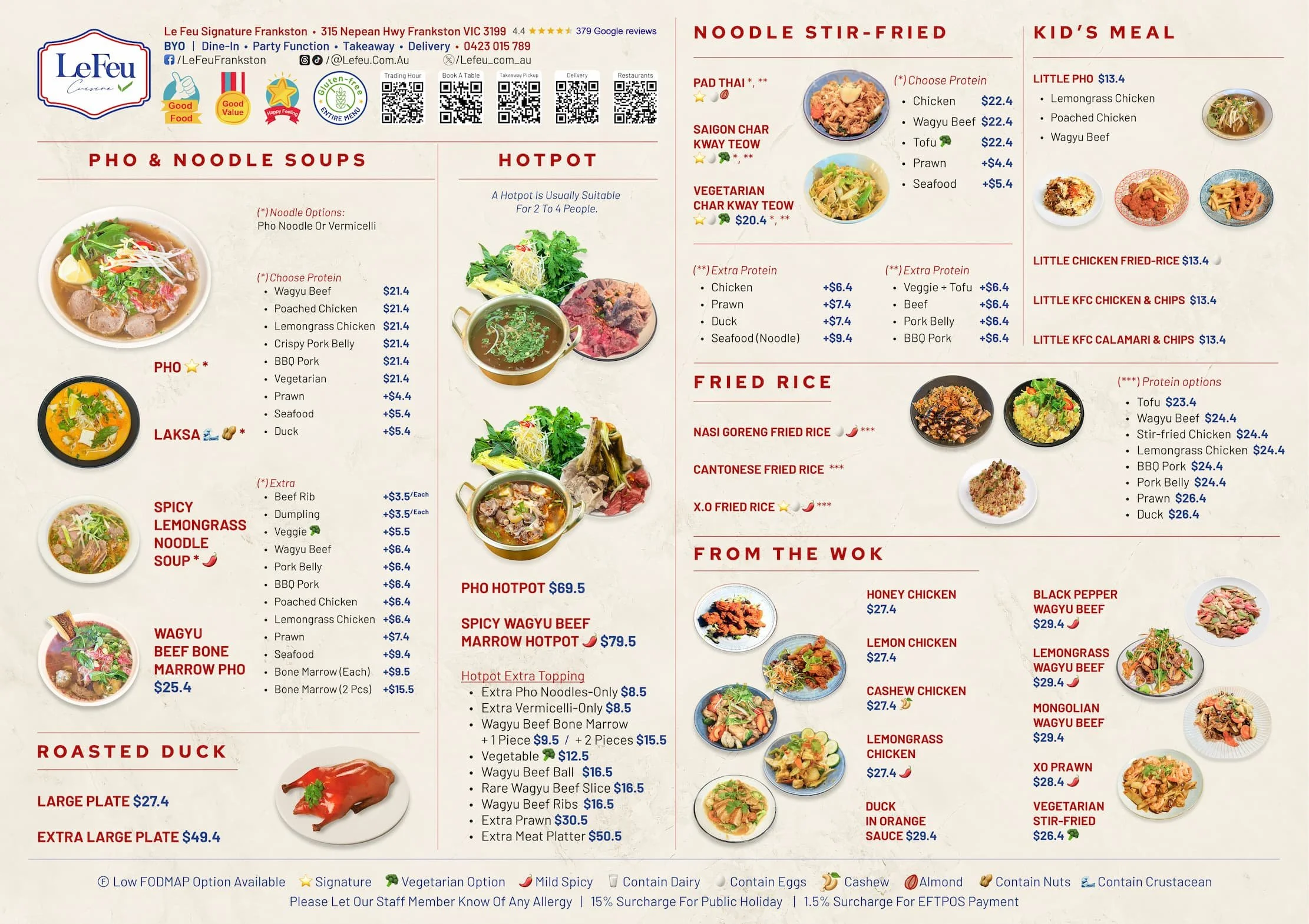 Menu with prices of LE FEU FRANKSTON Restaurant | 100% Gluten-free | Vietnamese, Pan-Asian Cuisine &amp; Hotpot at📍315 Nepean Hwy, Frankston, Melbourne VIC 3199, Australia ☎️ 0423 015 789