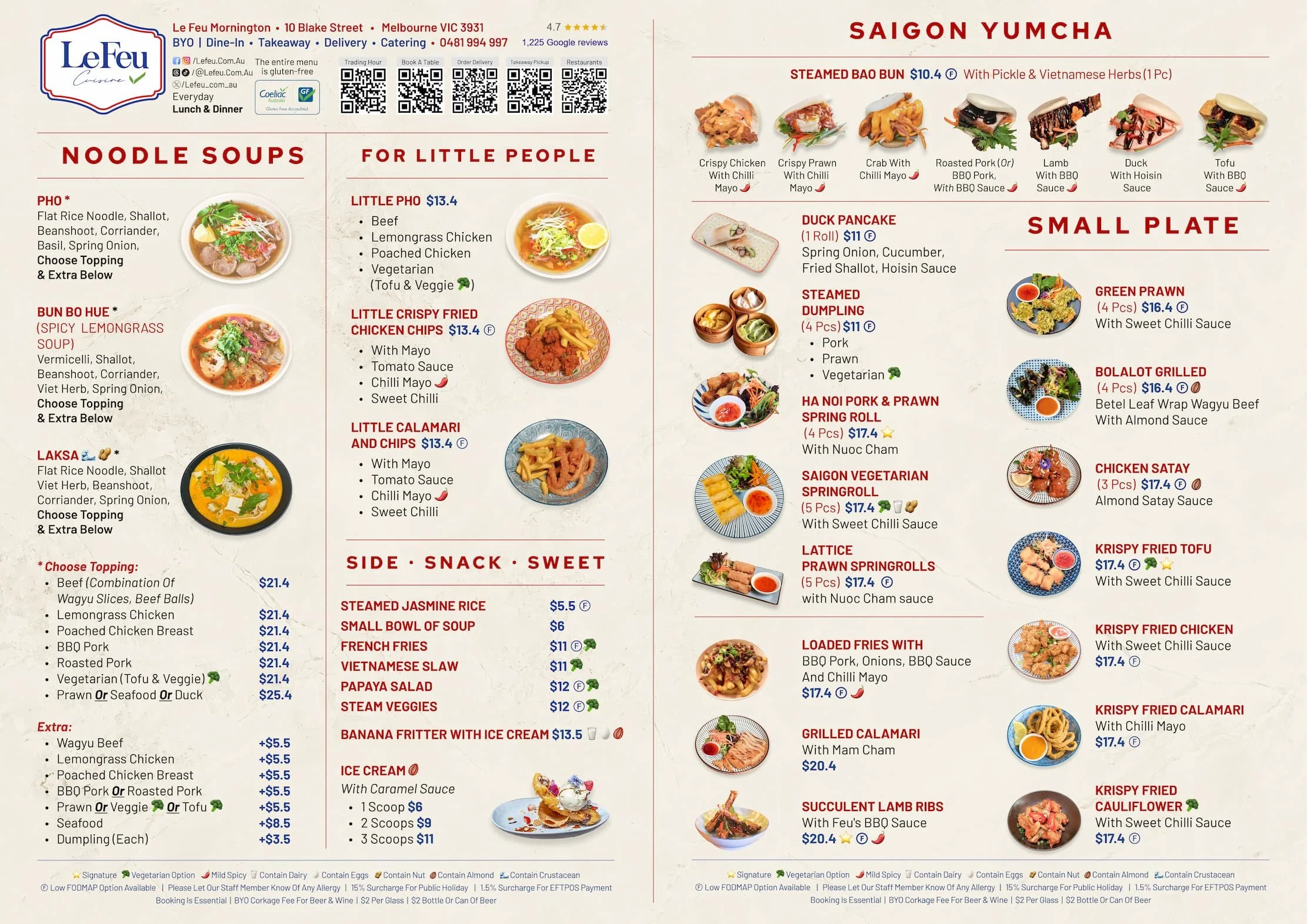 Menu with prices of LE FEU MORNINGTON (100% Gluten-free) at 📍  10 Blake St, Mornington, Melbourne VIC 3931 ☎️ 0481 994 997