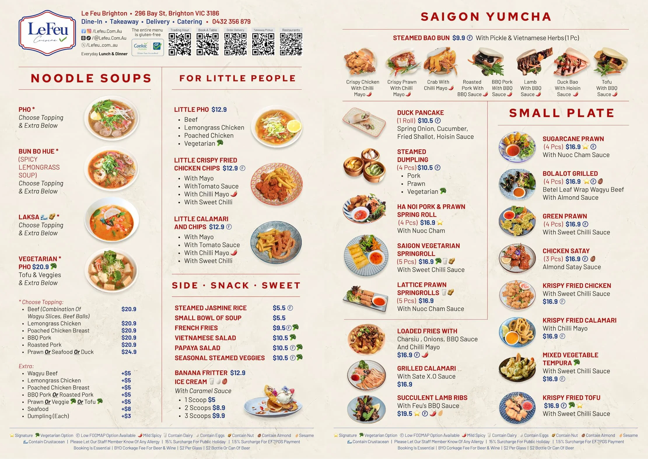 Menu with prices of LE FEU BRIGHTON (100% Gluten-free) at 📍 296 Bay St, Brighton, Melbourne VIC 3186 ☎️ 0432 356 879