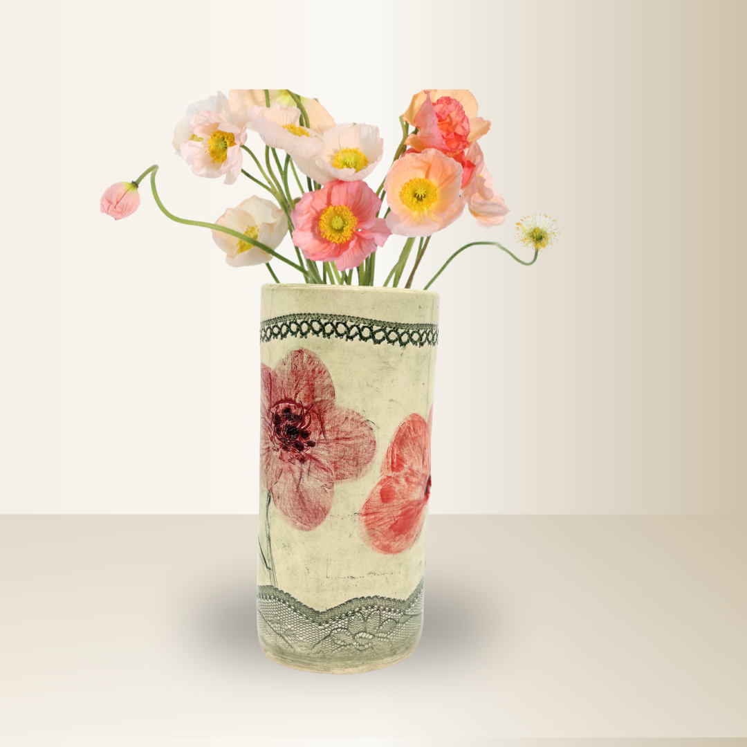 Green Long Vase with Poppies