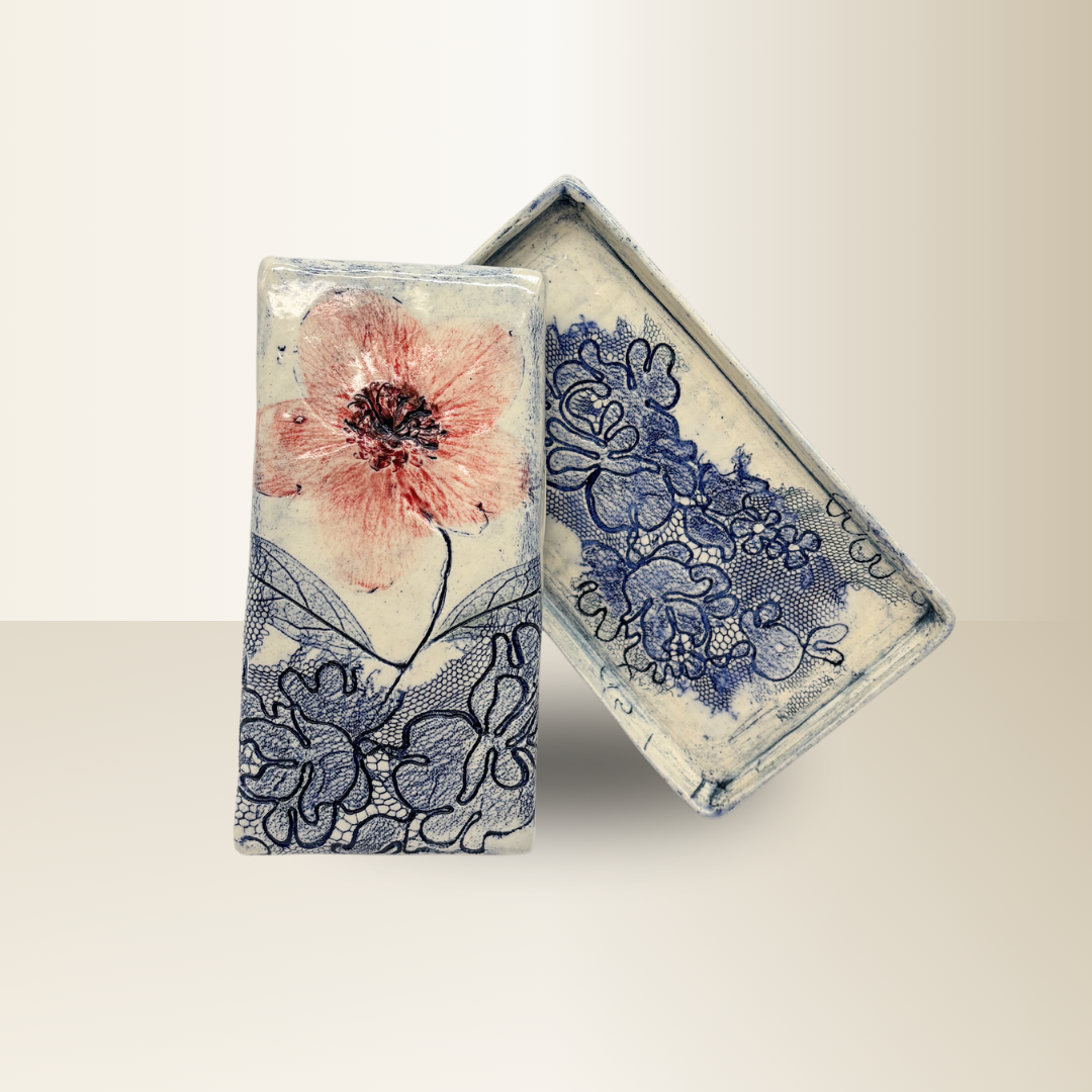 Blue Butter Dish with Red Poppy