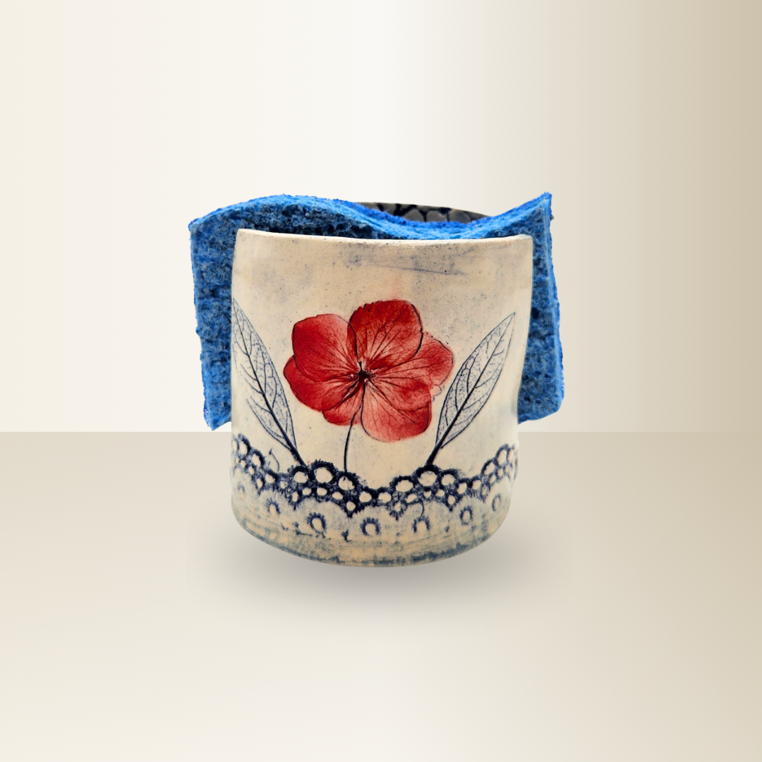 Blue Sponge Holder with Red Poppy