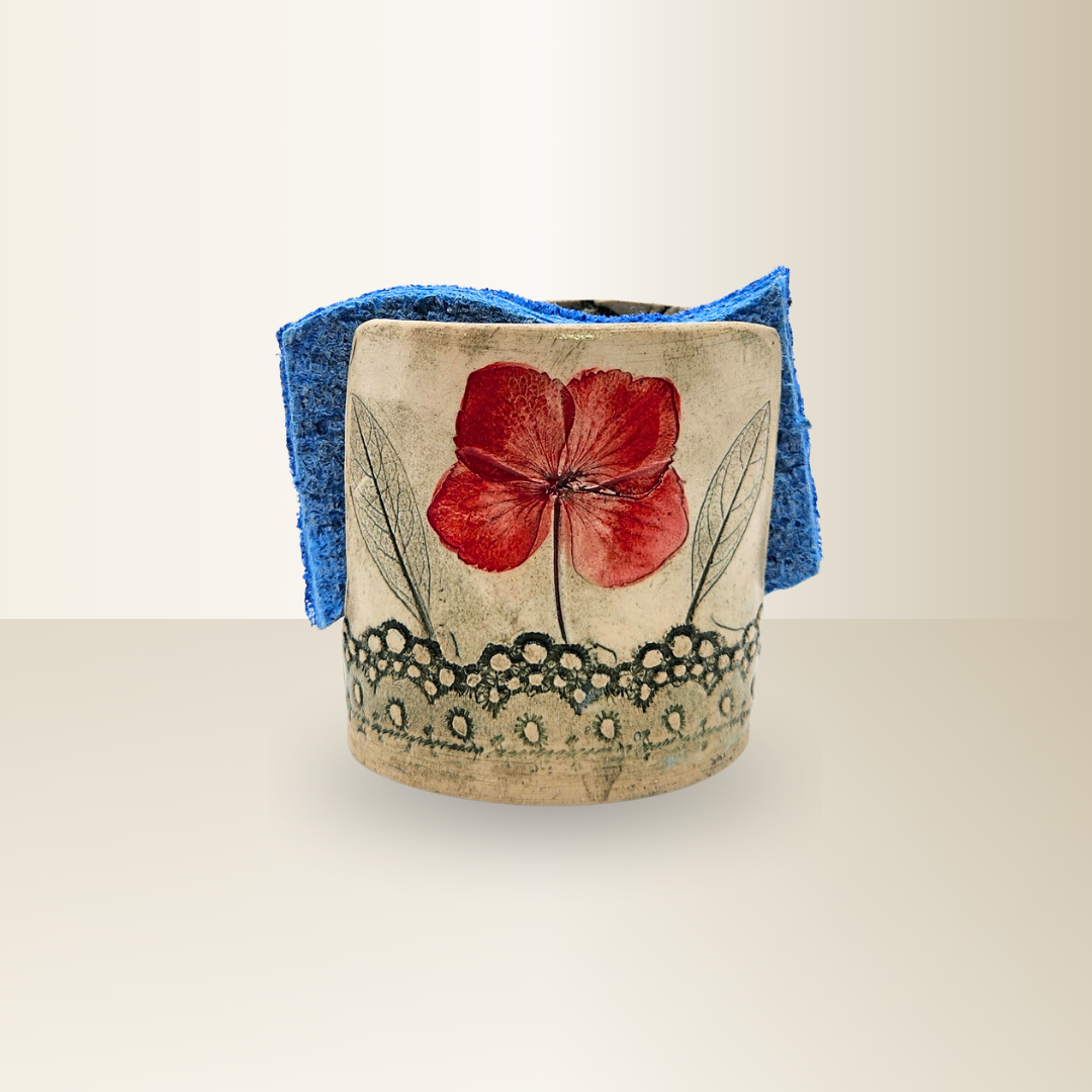 Green Sponge Holder with Red Poppy