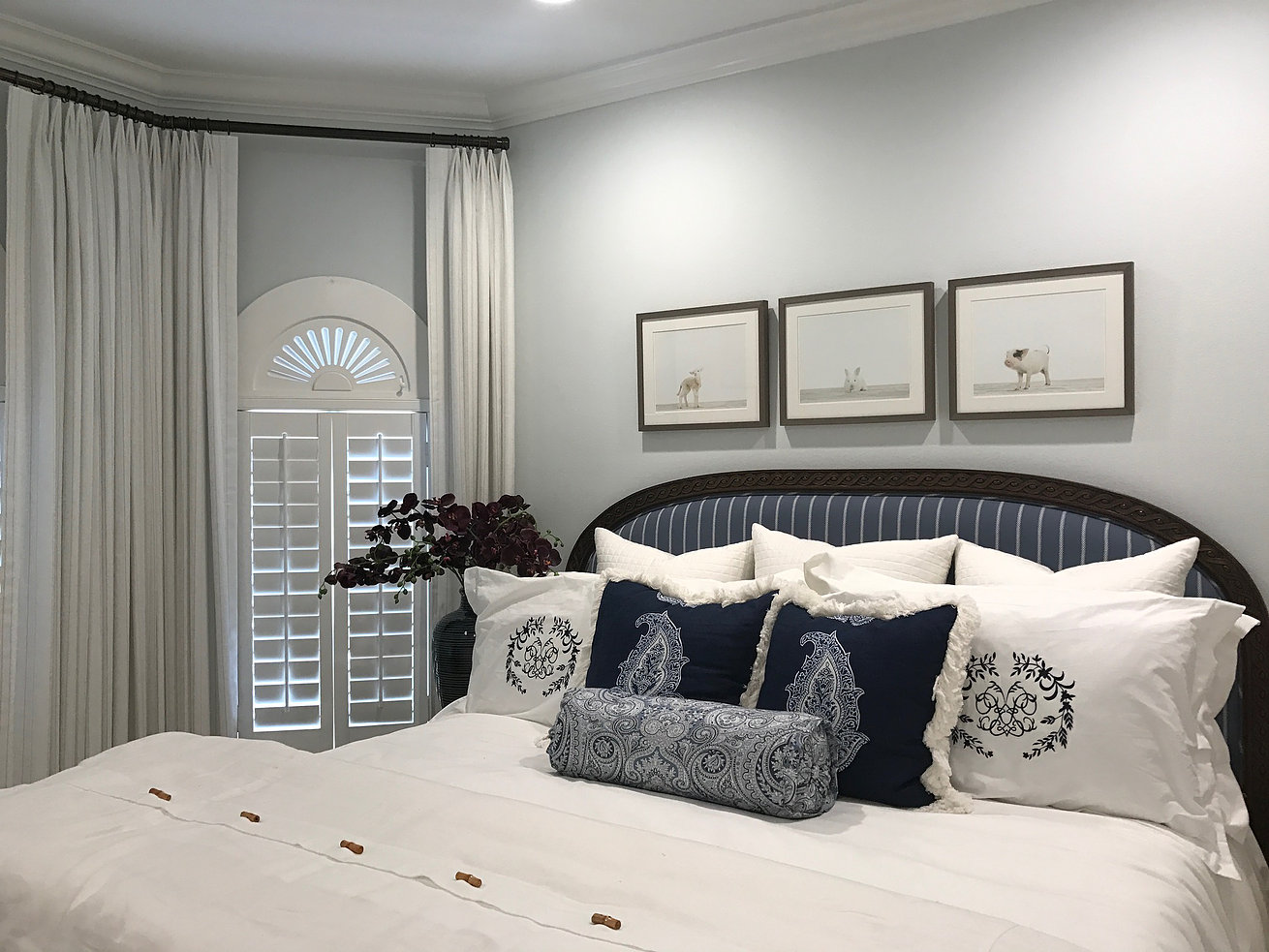 Rods: DESIGNER DRAPERY HARDWARE Curtains: Custom by Peter & Rita Upholstery in Vero Beach Purple Flowers: Z.GALLERIE