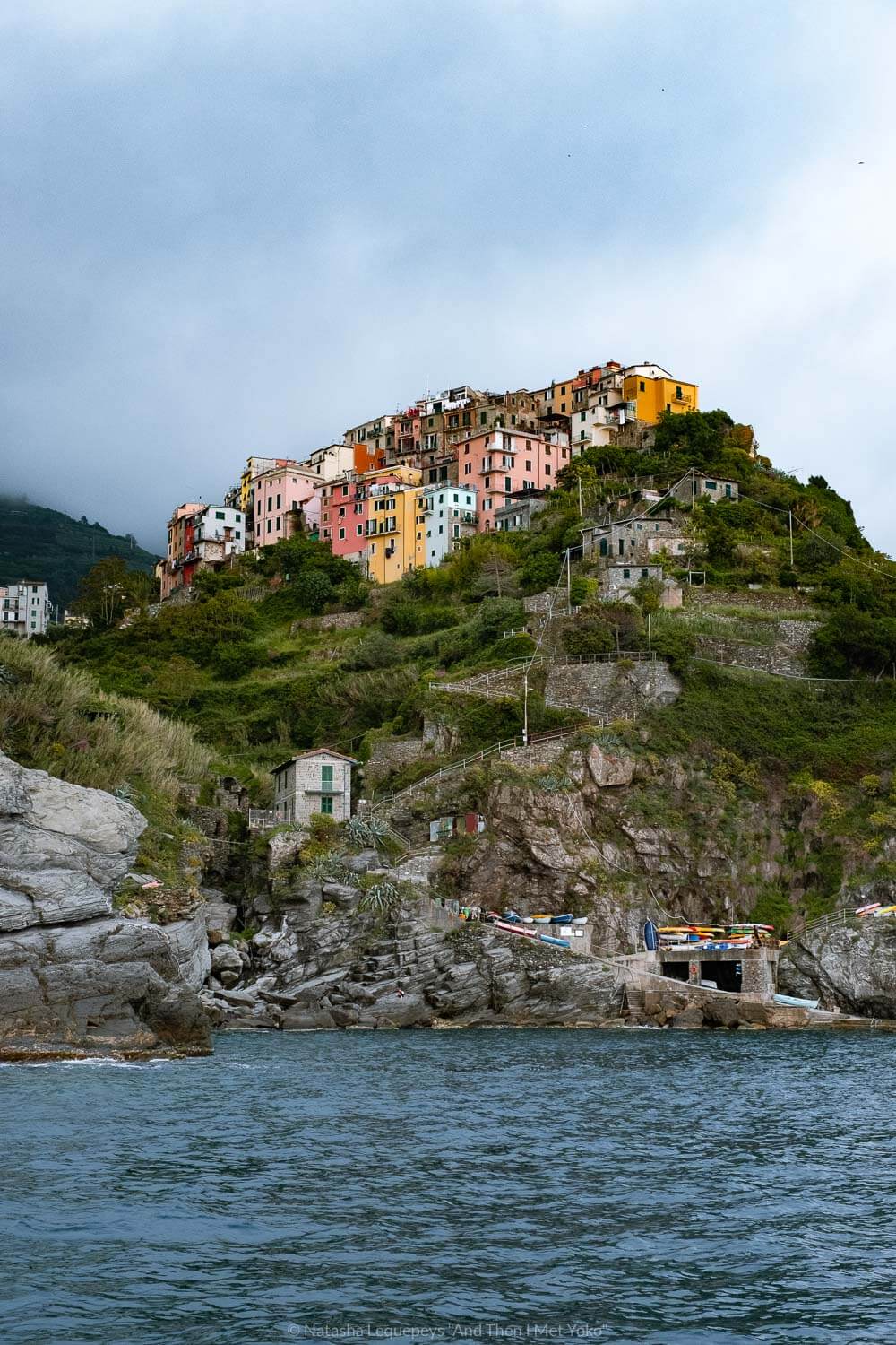 Corniglia from the water, Cinque Terre. Travel photography and guide by © Natasha Lequepeys for "And Then I Met Yoko". #cinqueterre #italy #travelphotography