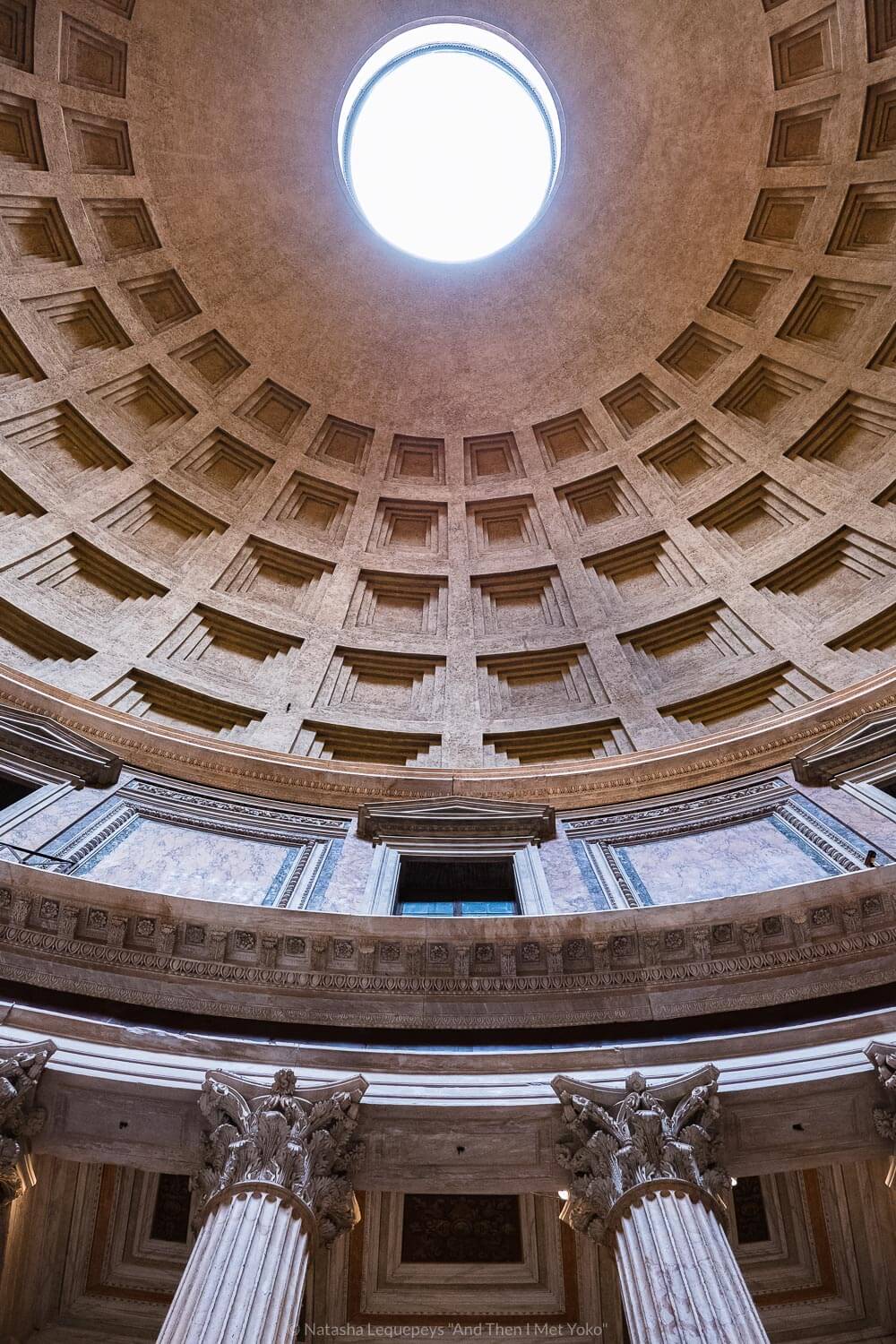 The dome ceiling in the Pantheon in Rome, Italy. Travel photography and guide by © Natasha Lequepeys for "And Then I Met Yoko". #rome #italy #travelblog #travelphotography