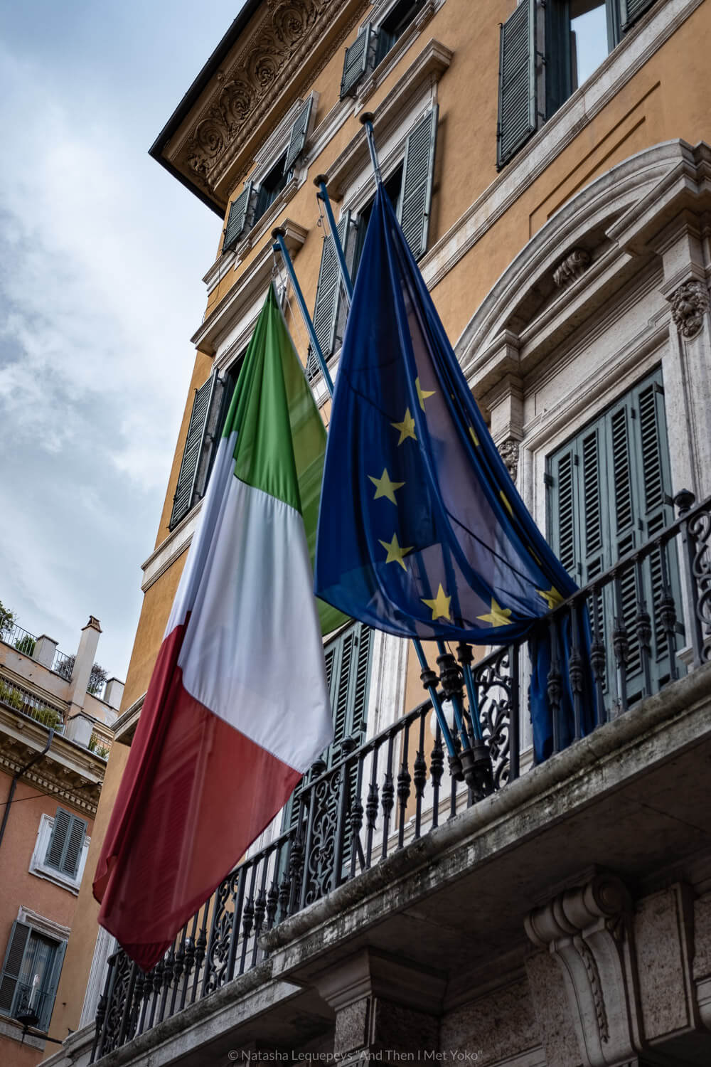 Italian and European Union flags, Rome. Travel photography and guide by © Natasha Lequepeys for "And Then I Met Yoko". #rome #italy #travelblog #travelphotography