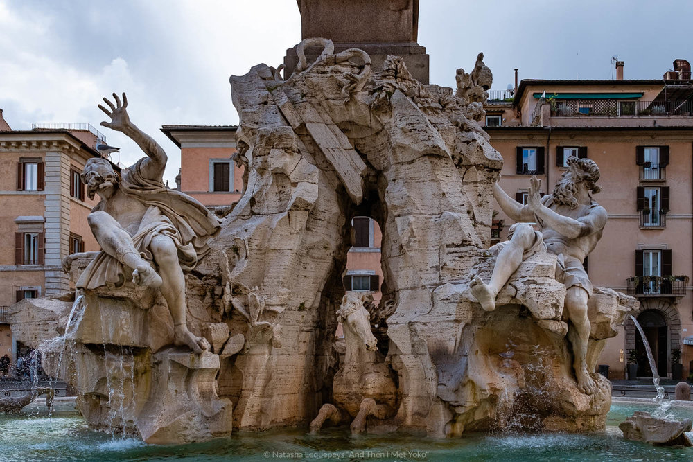 Four Rivers Fountain at the Piazza Navona, Rome. Travel photography and guide by © Natasha Lequepeys for "And Then I Met Yoko". #rome #italy #travelblog #travelphotography