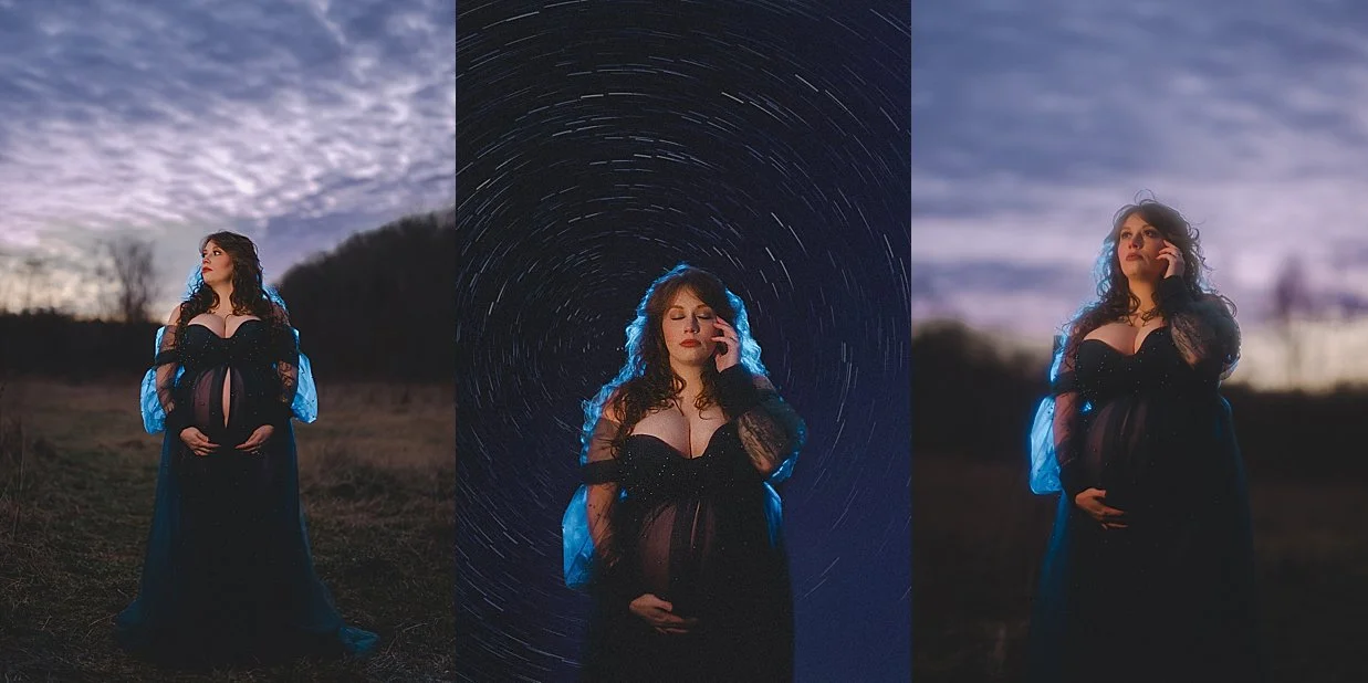 Moody night maternity photography highlighting shadow, light, and emotion.
