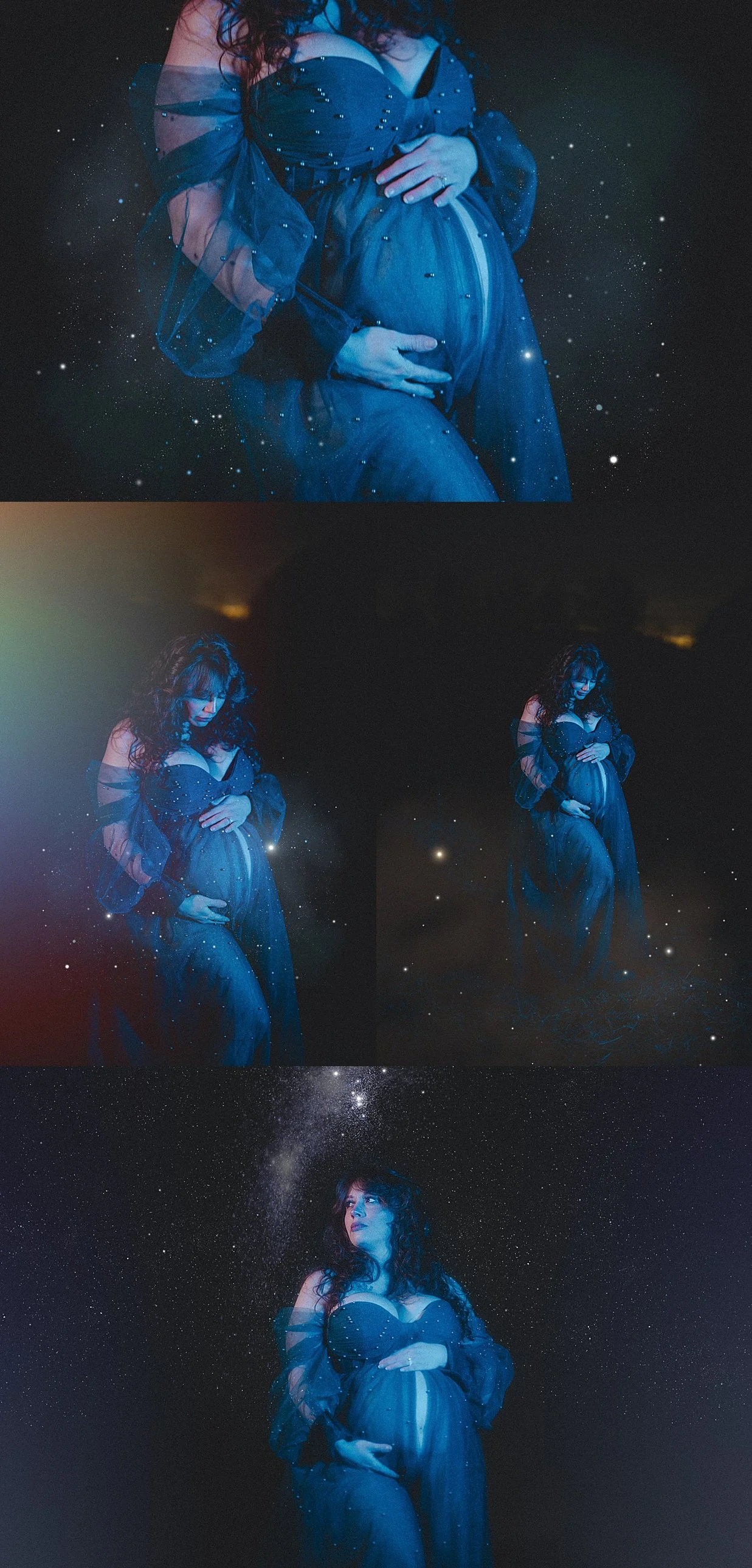 Celestial maternity portrait with blue tones and star-inspired lighting effects.