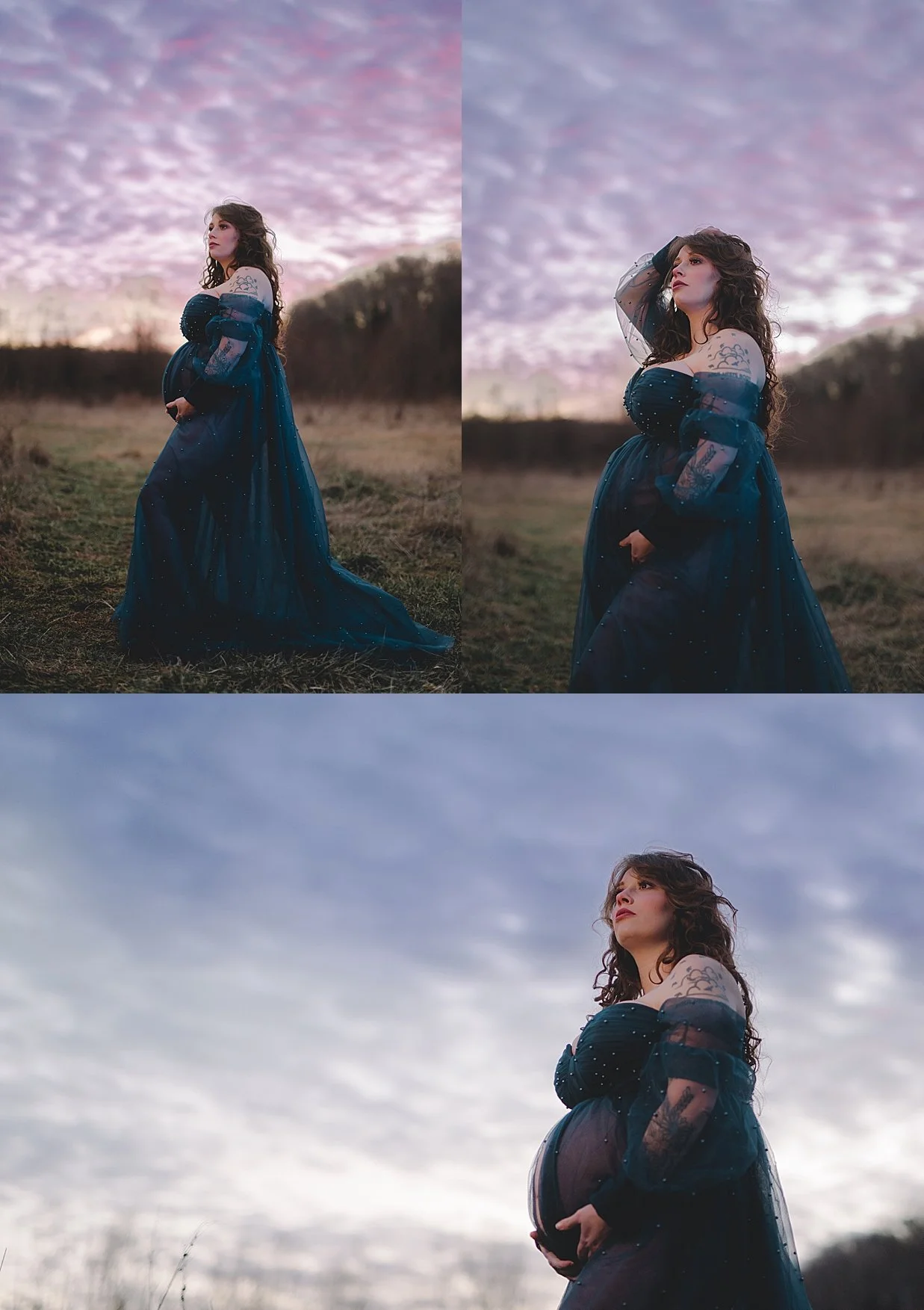 Pregnant woman in a flowing dark blue gown standing beneath a purple evening sky during a celestial maternity session.