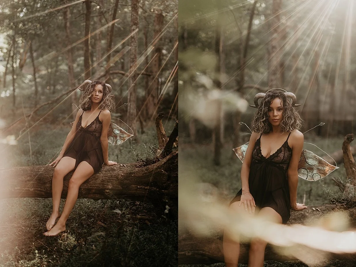 Myth-inspired fantasy portrait session of a woman seated on a fallen tree in a woodland setting.