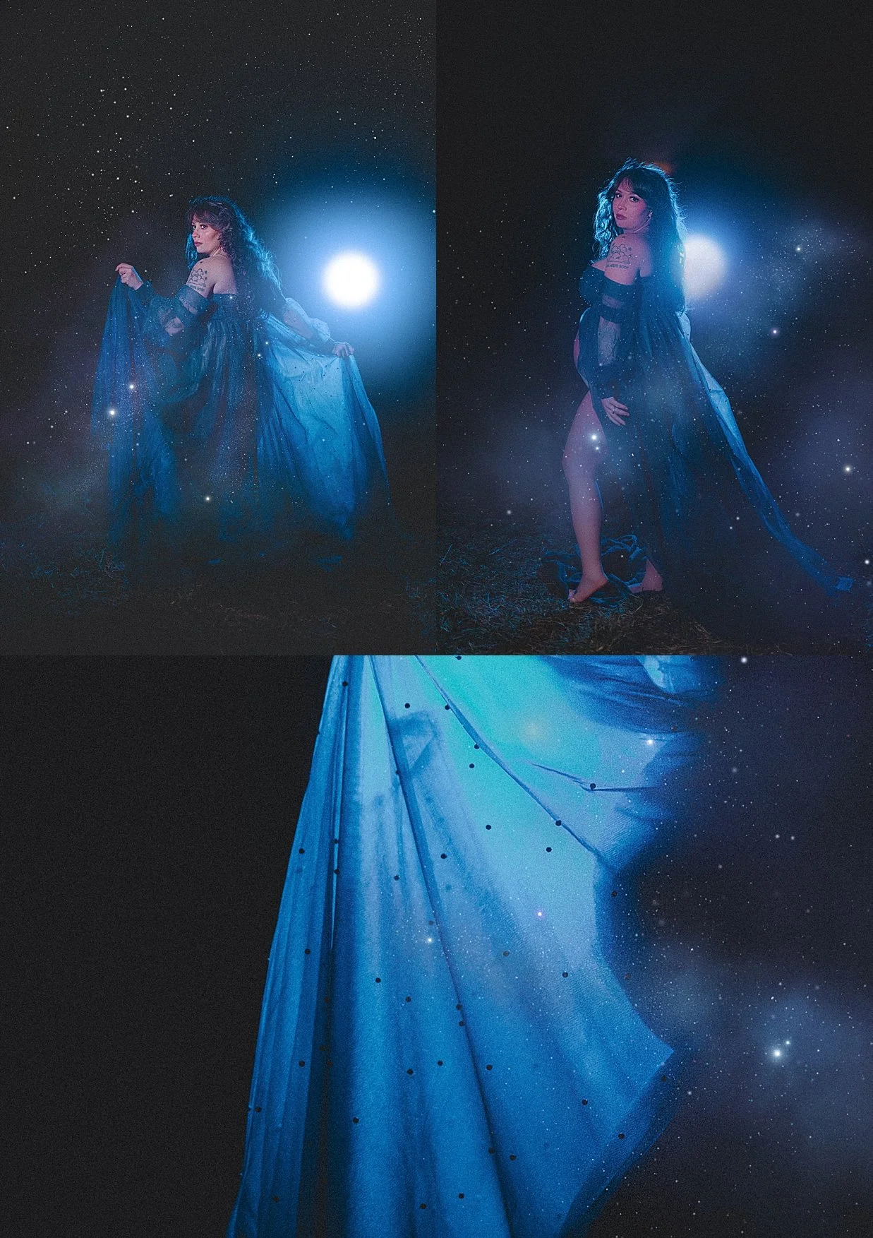 Dark fantasy pregnancy portrait with stars and cosmic overlays surrounding the expecting mother.