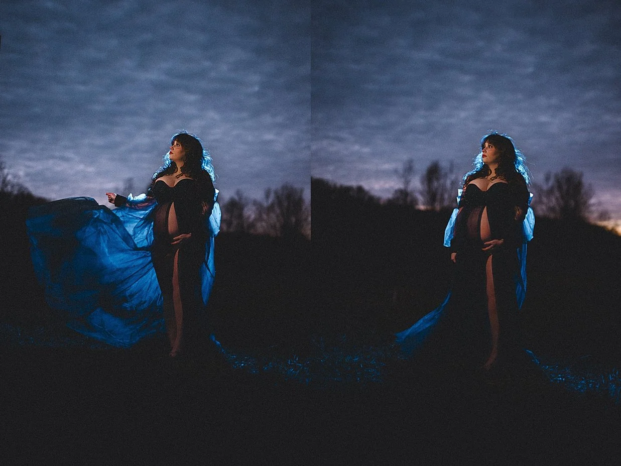 Fantasy maternity photo featuring flowing fabric and soft movement in low light.