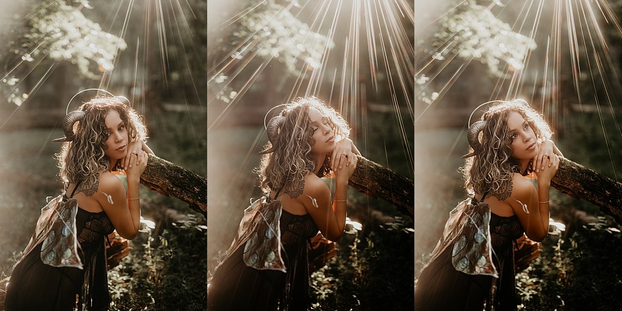 Woodland fantasy photography session featuring a woman styled with wings and natural light.