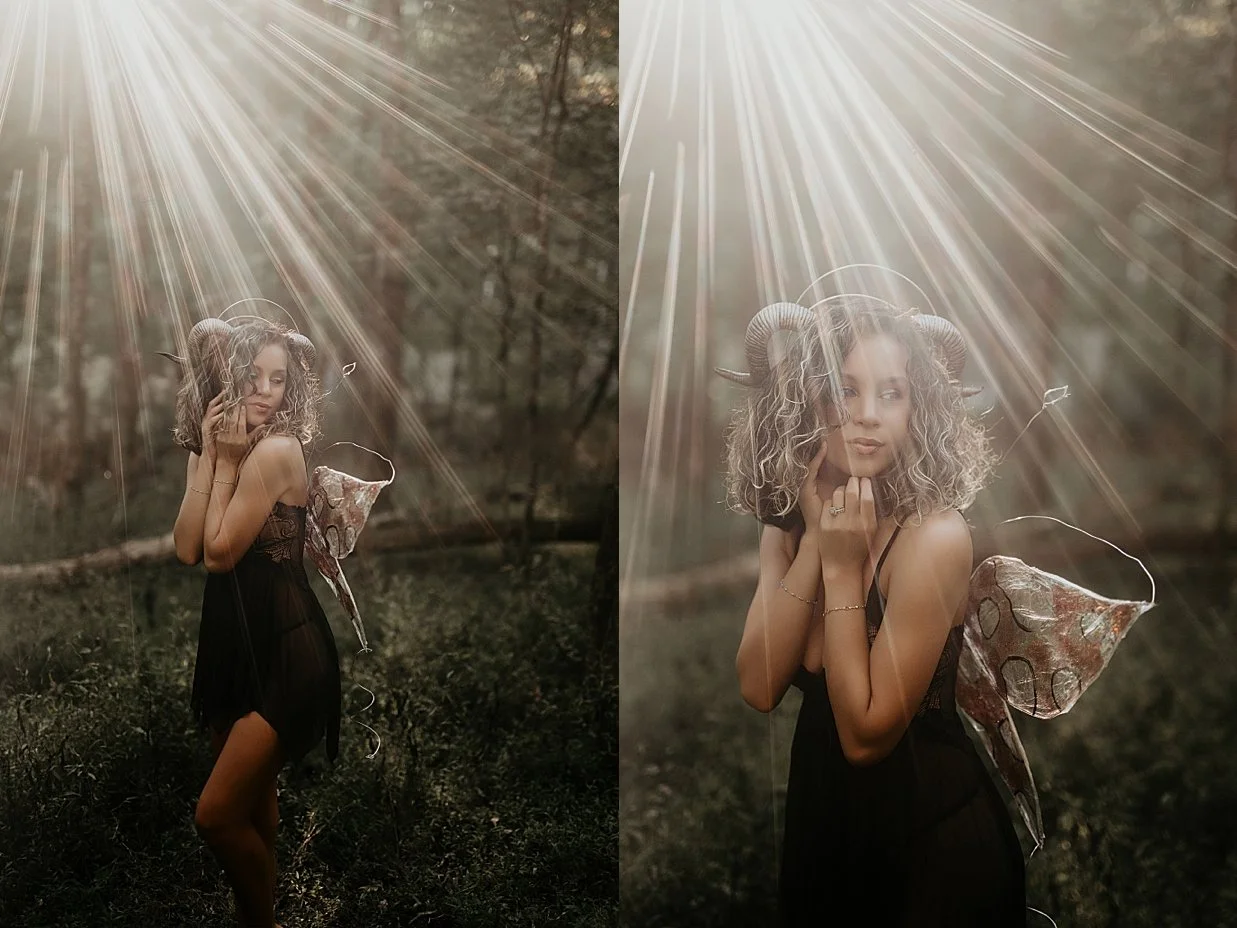 Fantasy photography session portrait of a woman standing in a woodland environment.