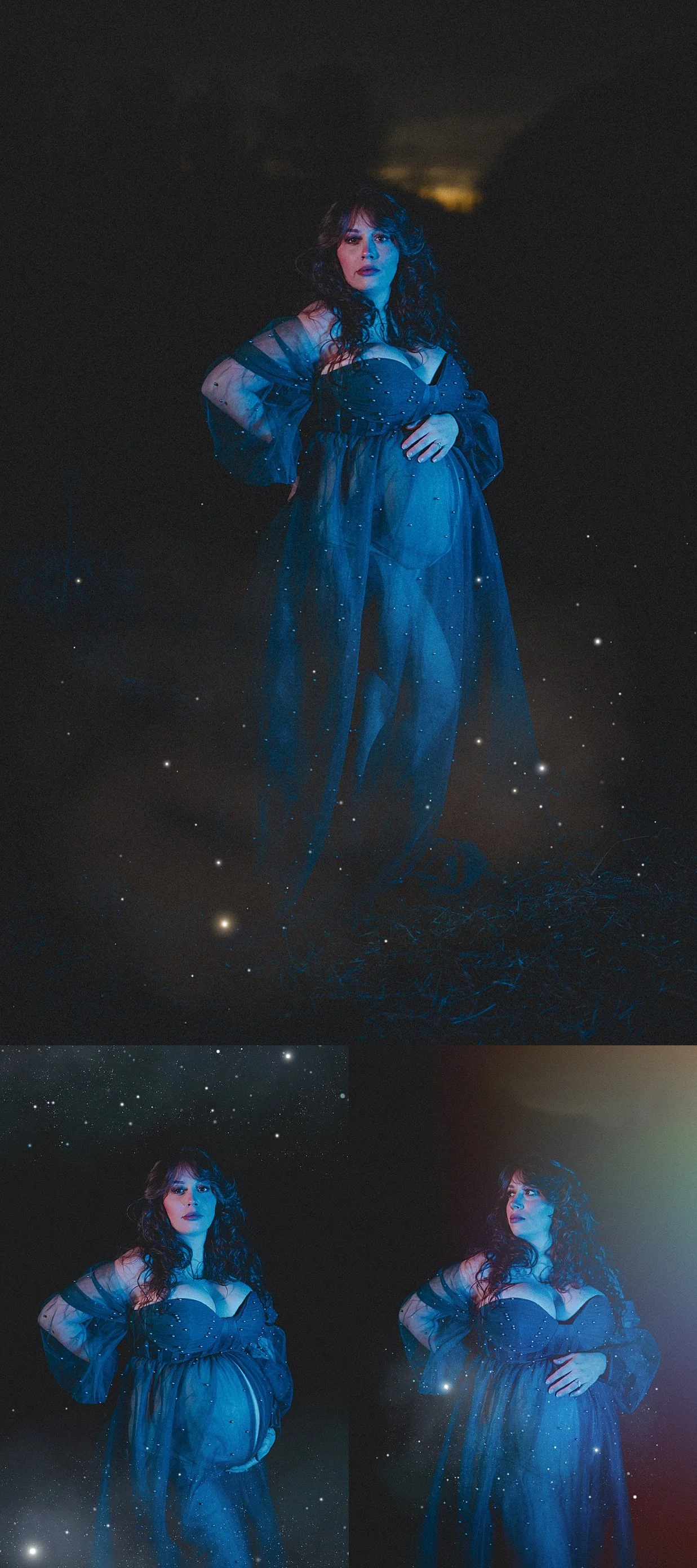 Cosmic maternity portrait focusing on hands resting gently on a pregnant belly.