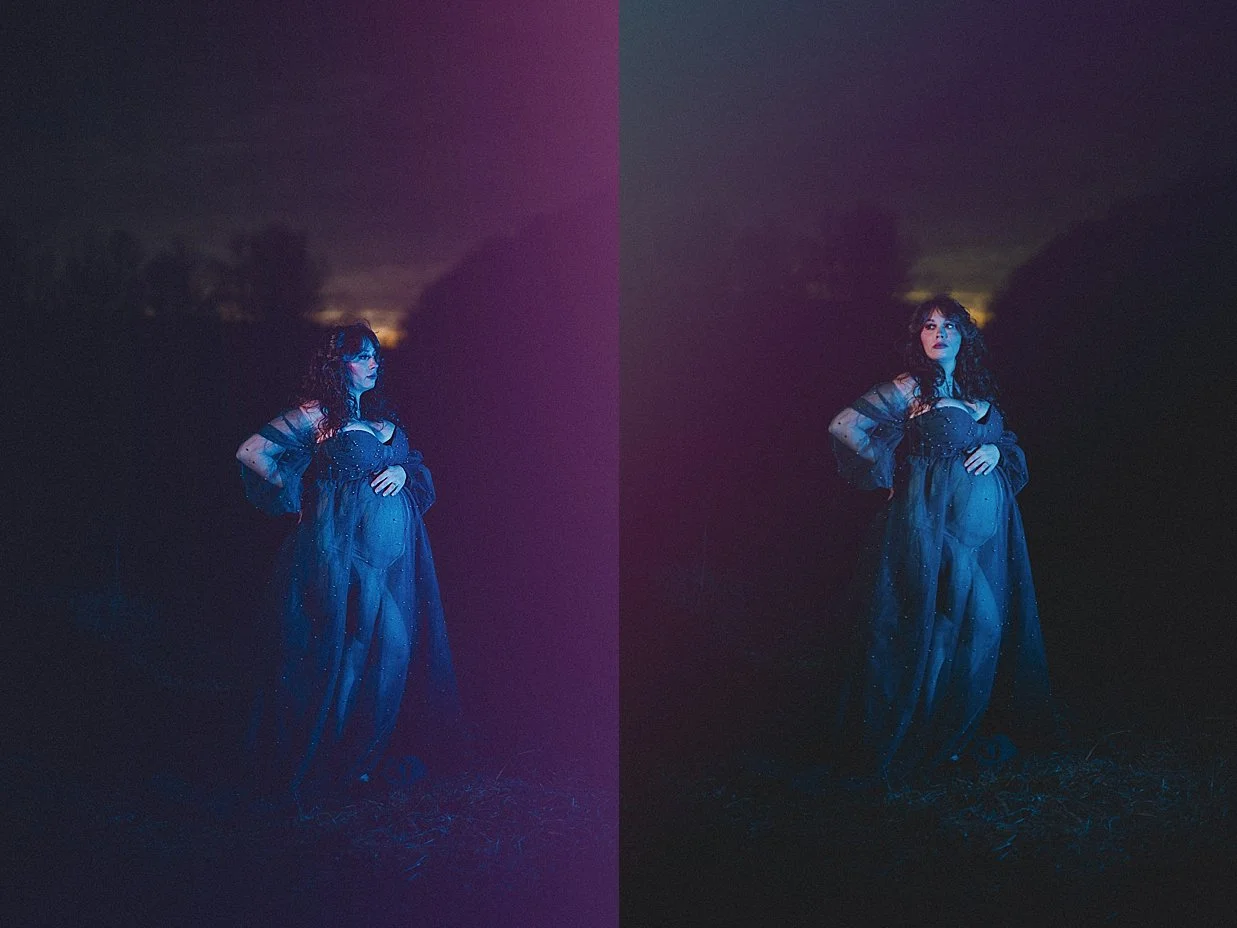 Ethereal maternity portrait illuminated by soft moonlight tones.