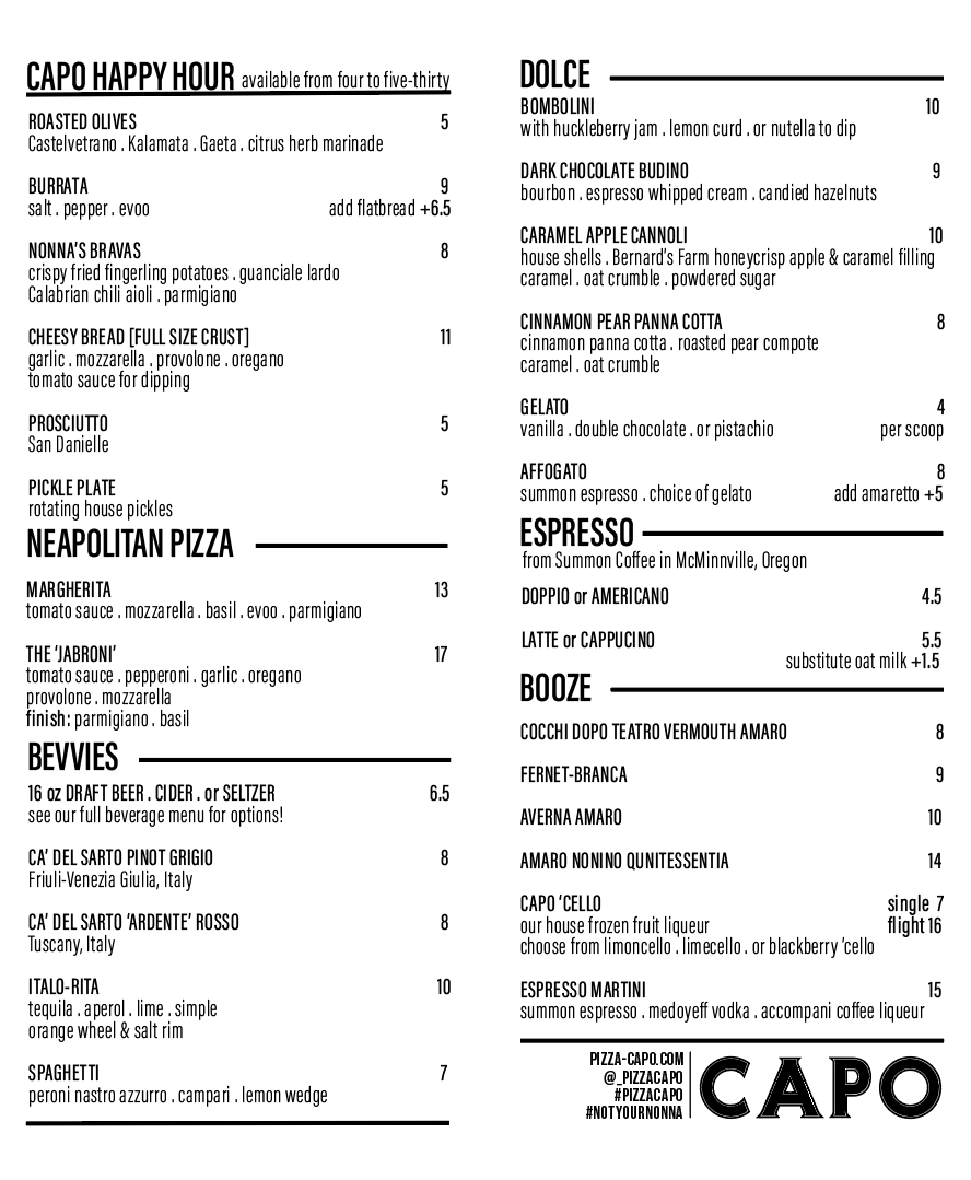 MENU — PIZZA CAPO